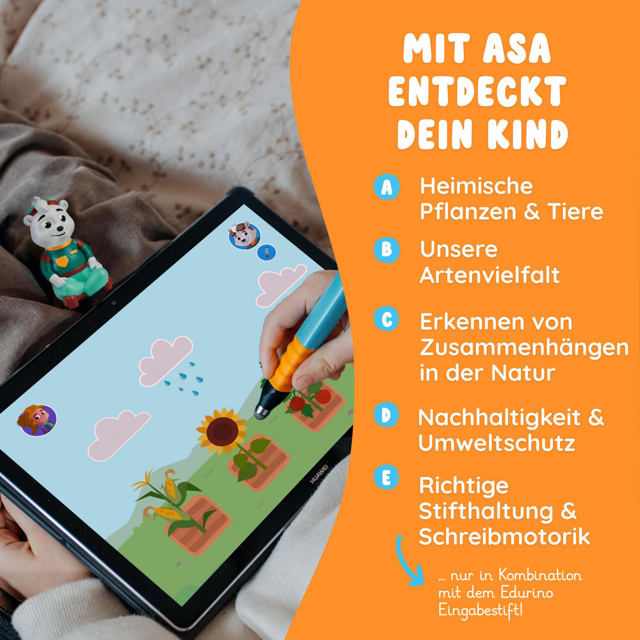 Tablet zeigt Naturszenen. Eine kleine Spielfigur befindet sich neben dem Tablet. Text über die Natur.
