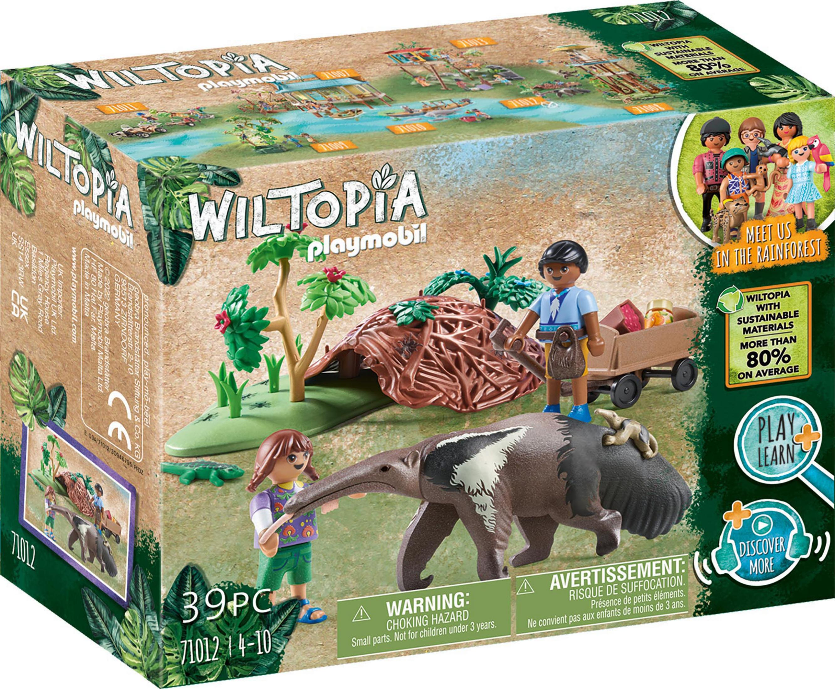 Zestaw Playmobil Wiltopia z mrówkojadem i figurkami, z pudełkiem przedstawiającym motyw lasu deszczowego.