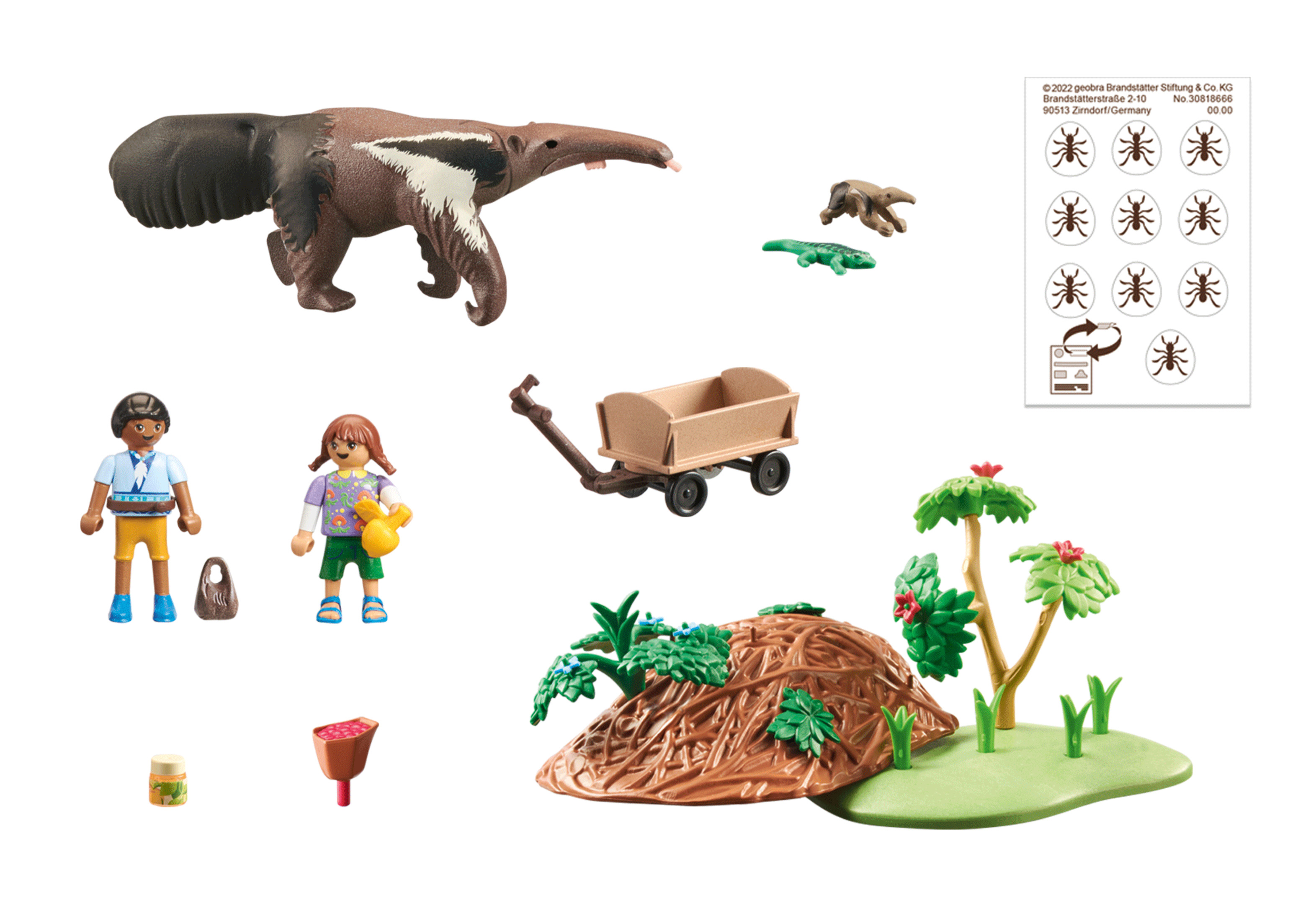 Zestaw Playmobil: mrówkojad, figurki, mrowisko, rośliny i akcesoria. Białe tło.
