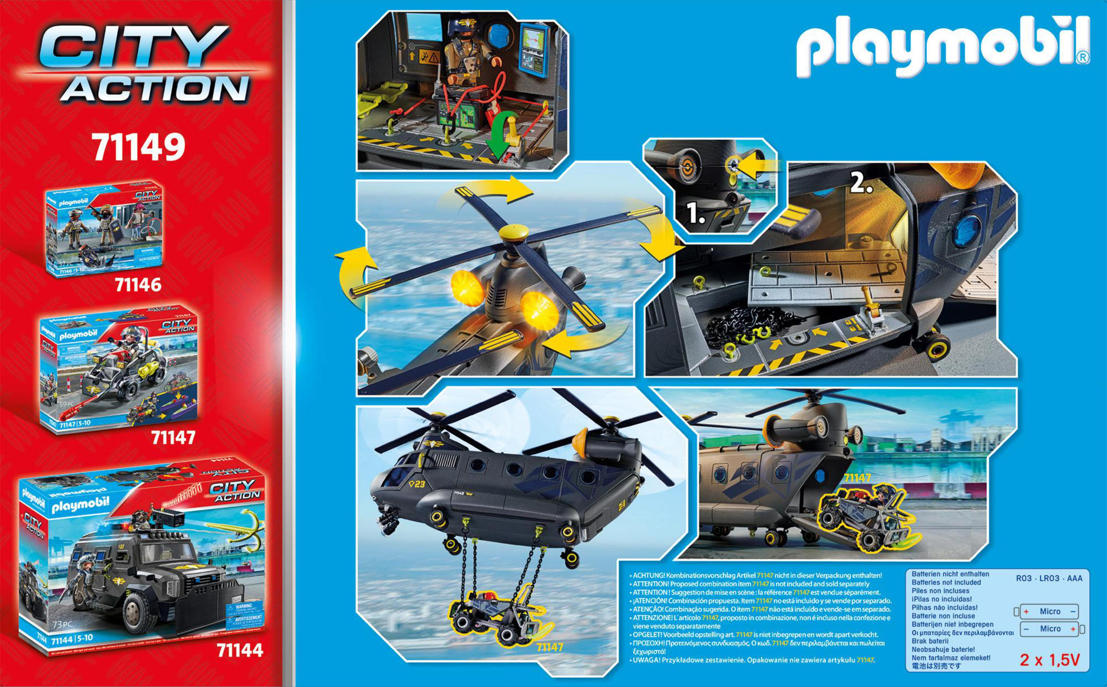 Playmobil City Action: Hubschrauber mit Fracht darunter, andere Fahrzeuge und Kartons.