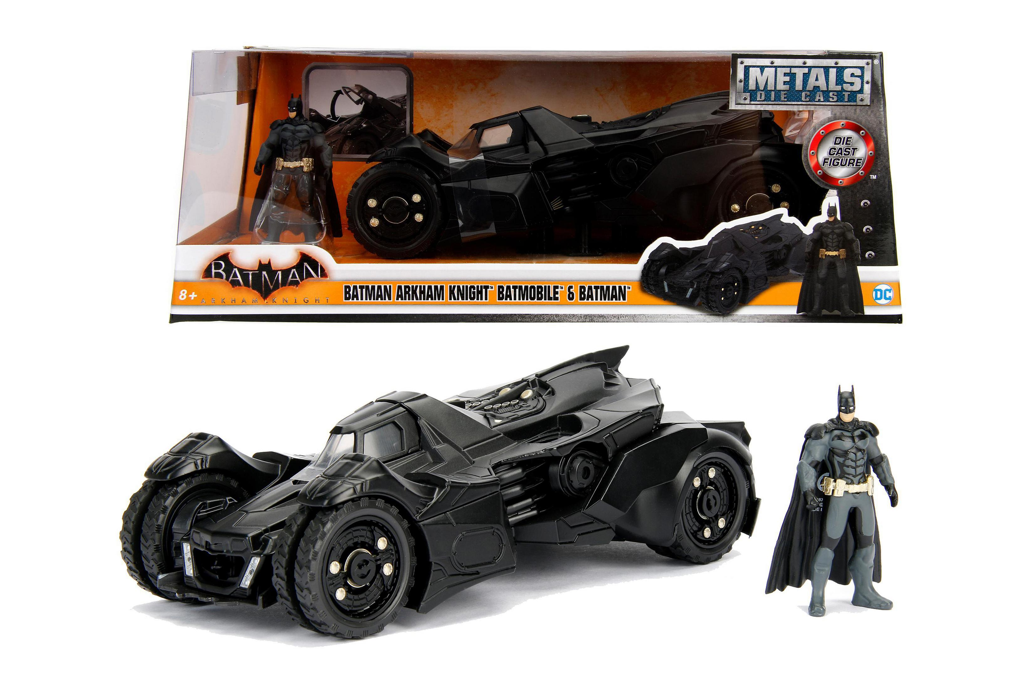 Schwarzes Spielzeugauto mit Batman-Figur. Das Auto ist ein Batmobil-Replikat, Batman steht daneben.