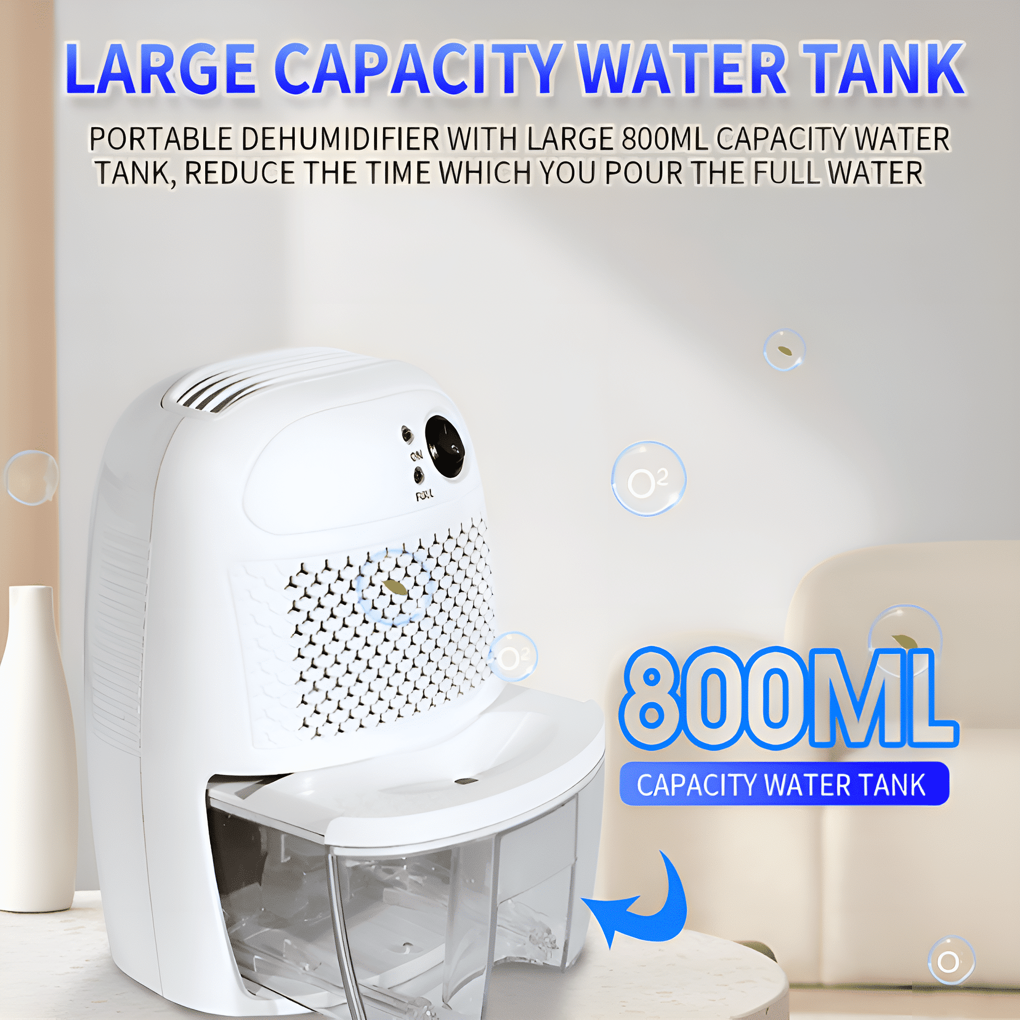 Weißer Luftentfeuchter mit 800ml Wassertank. Text: "LARGE CAPACITY WATER TANK" und "800ML CAPACITY WATER TANK".