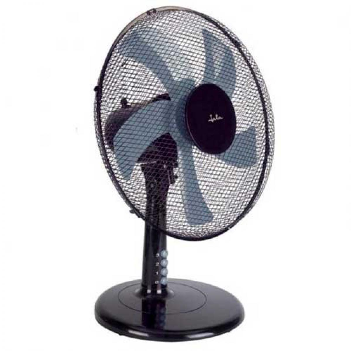 Un ventilatore elettrico nero. Le pale sono blu e ha una base nera con pulsanti di controllo.