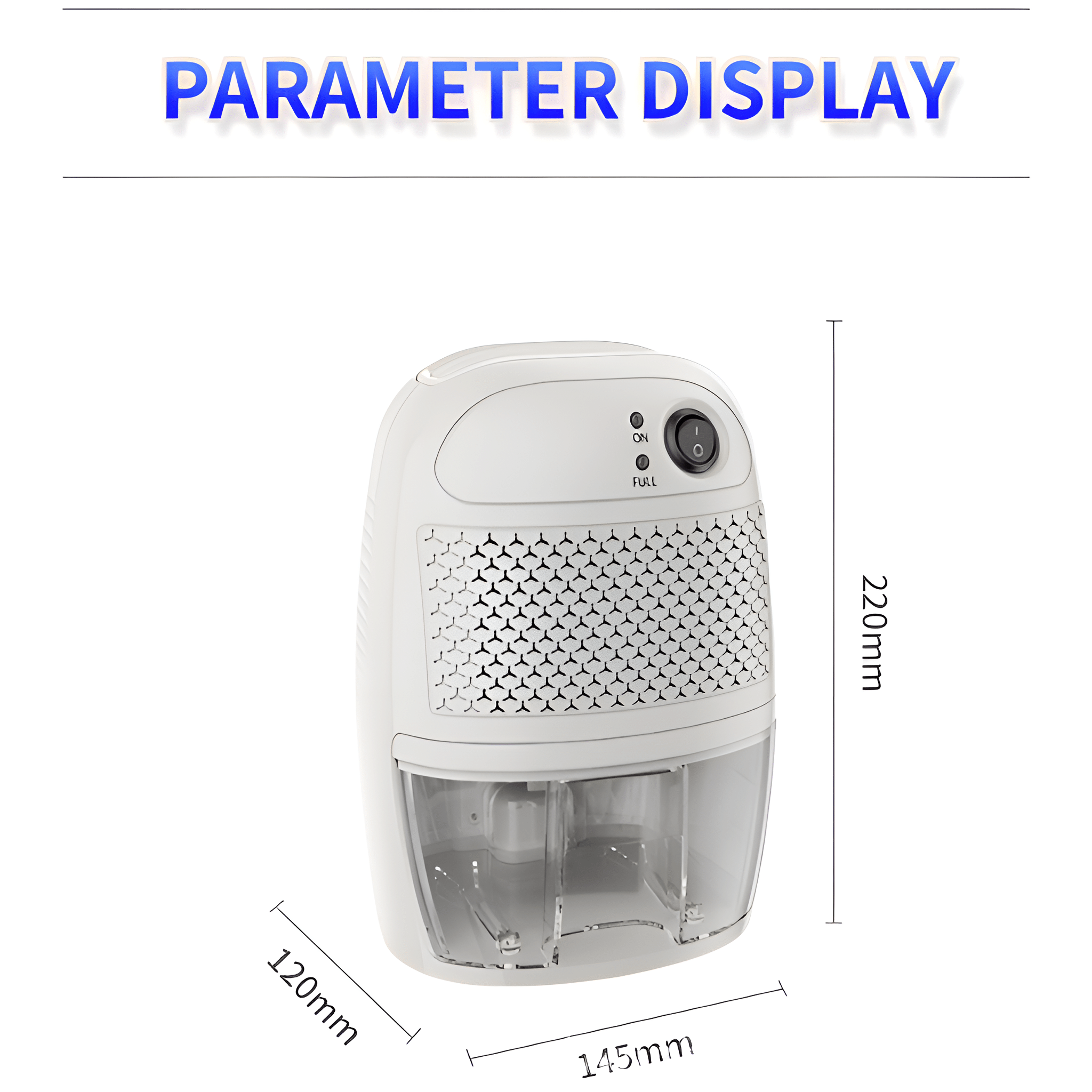 Ein weißer Luftentfeuchter mit transparentem Wassertank. Abmessungen werden neben dem Gerät angezeigt.