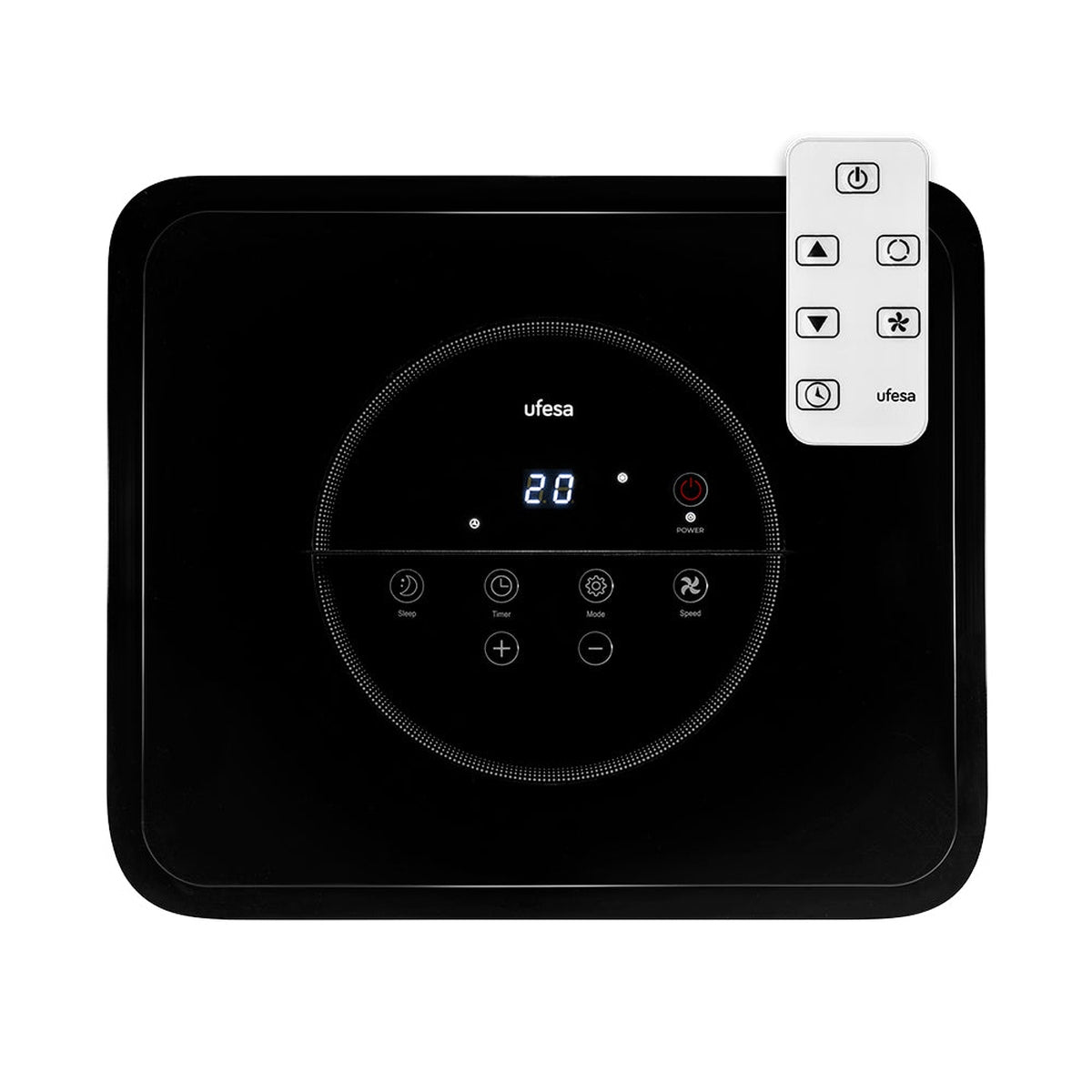 Czarny klimatyzator z wyświetlaczem cyfrowym, pilot po prawej.