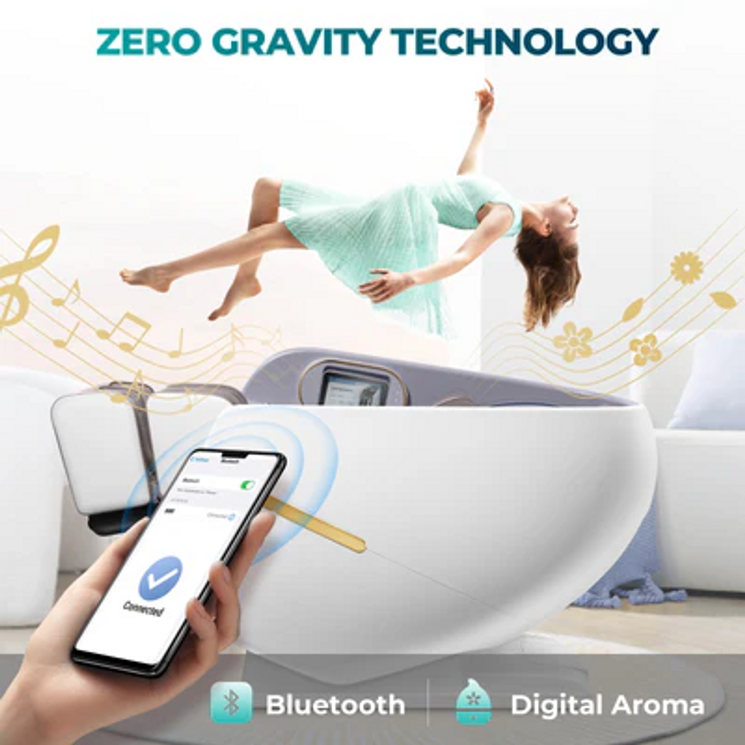 Eine Frau schwebt über einem weißen Gerät, ein Telefon ist damit verbunden. Text sagt Zero Gravity.