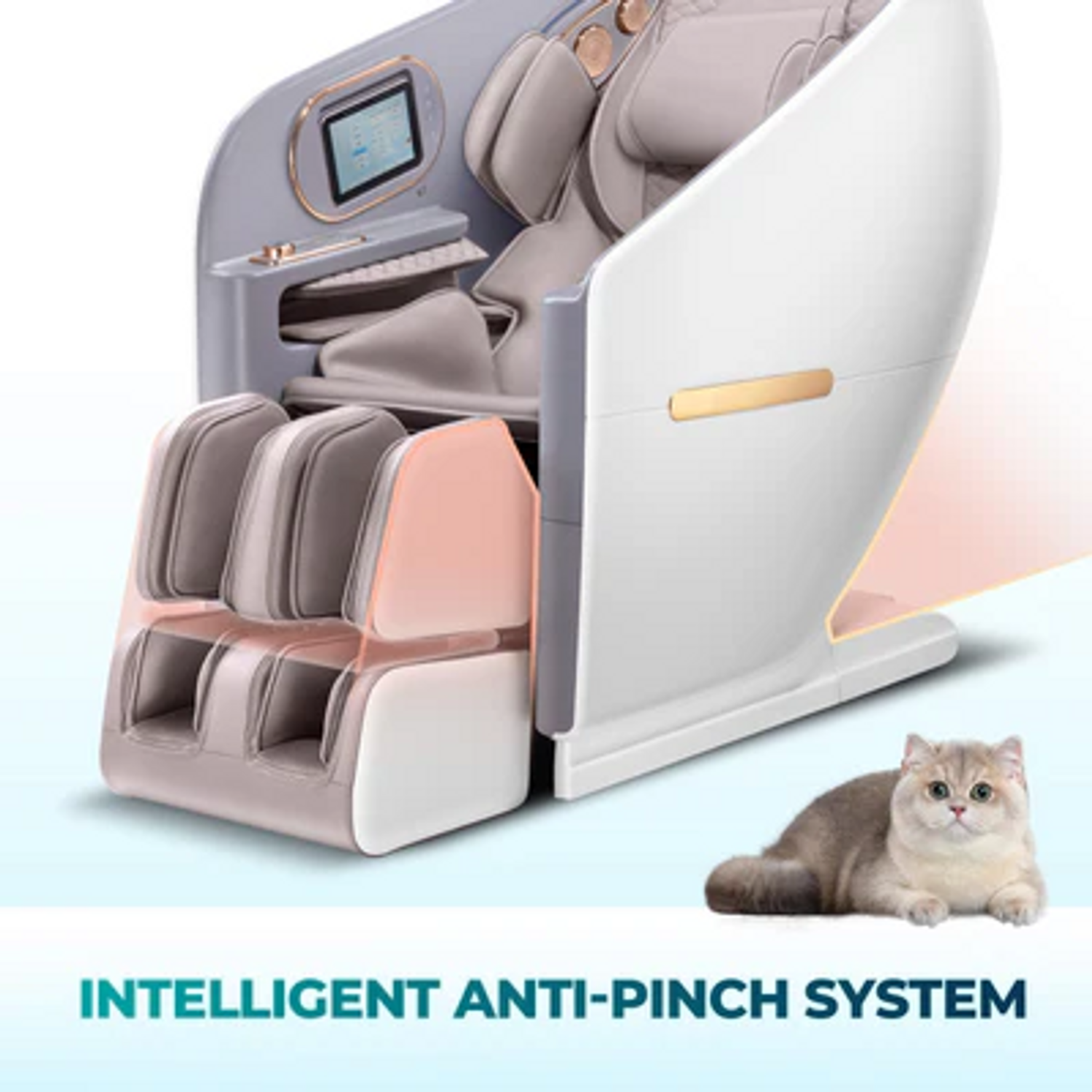 Ein Massagesessel mit einer Katze, die daneben sitzt. Der Stuhl ist grau und weiß.