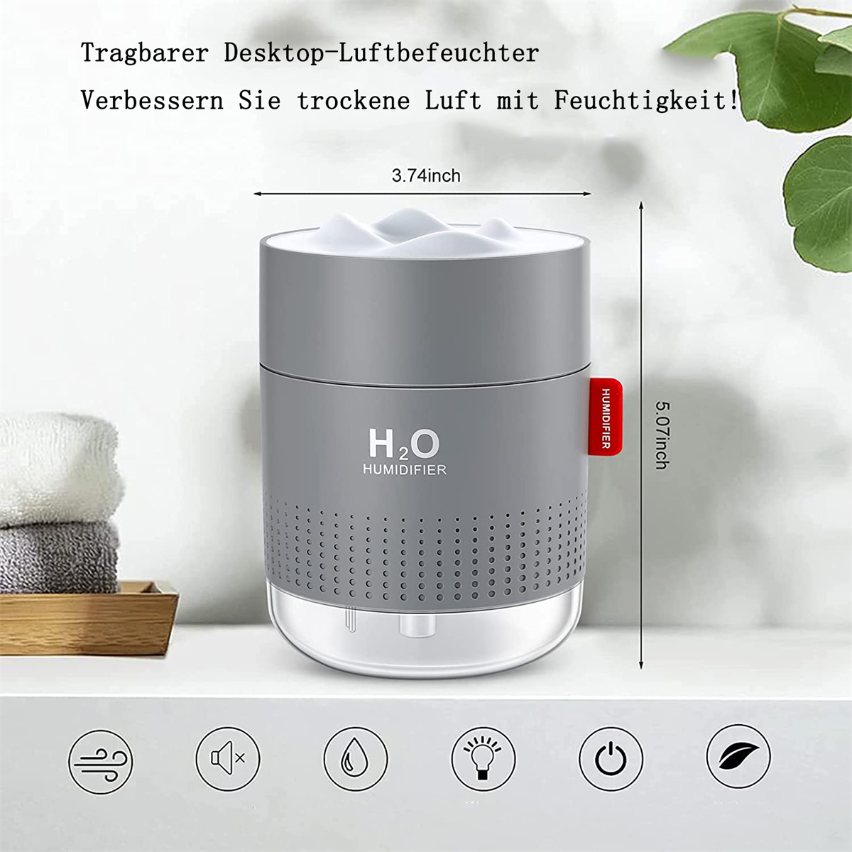 Ein grauer Luftbefeuchter mit Abmessungen auf weißer Oberfläche. Auf dem Luftbefeuchter steht H2O.