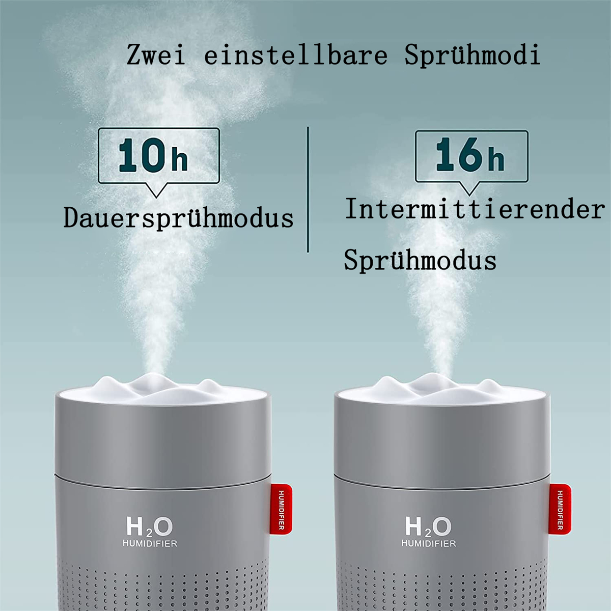Zwei Luftbefeuchter mit Text, der Sprühmodi angibt: 10h und 16h. Weißer Nebel ist sichtbar.