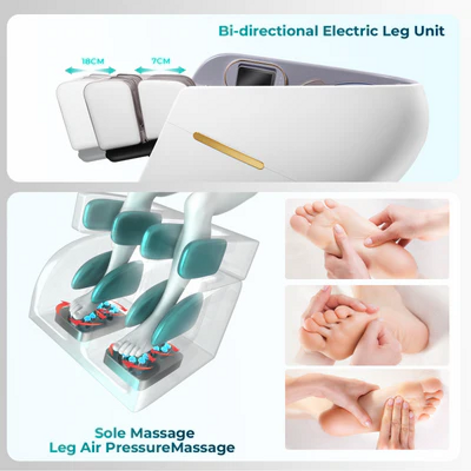 Eine Illustration eines Beinmassagegeräts mit Funktionen.