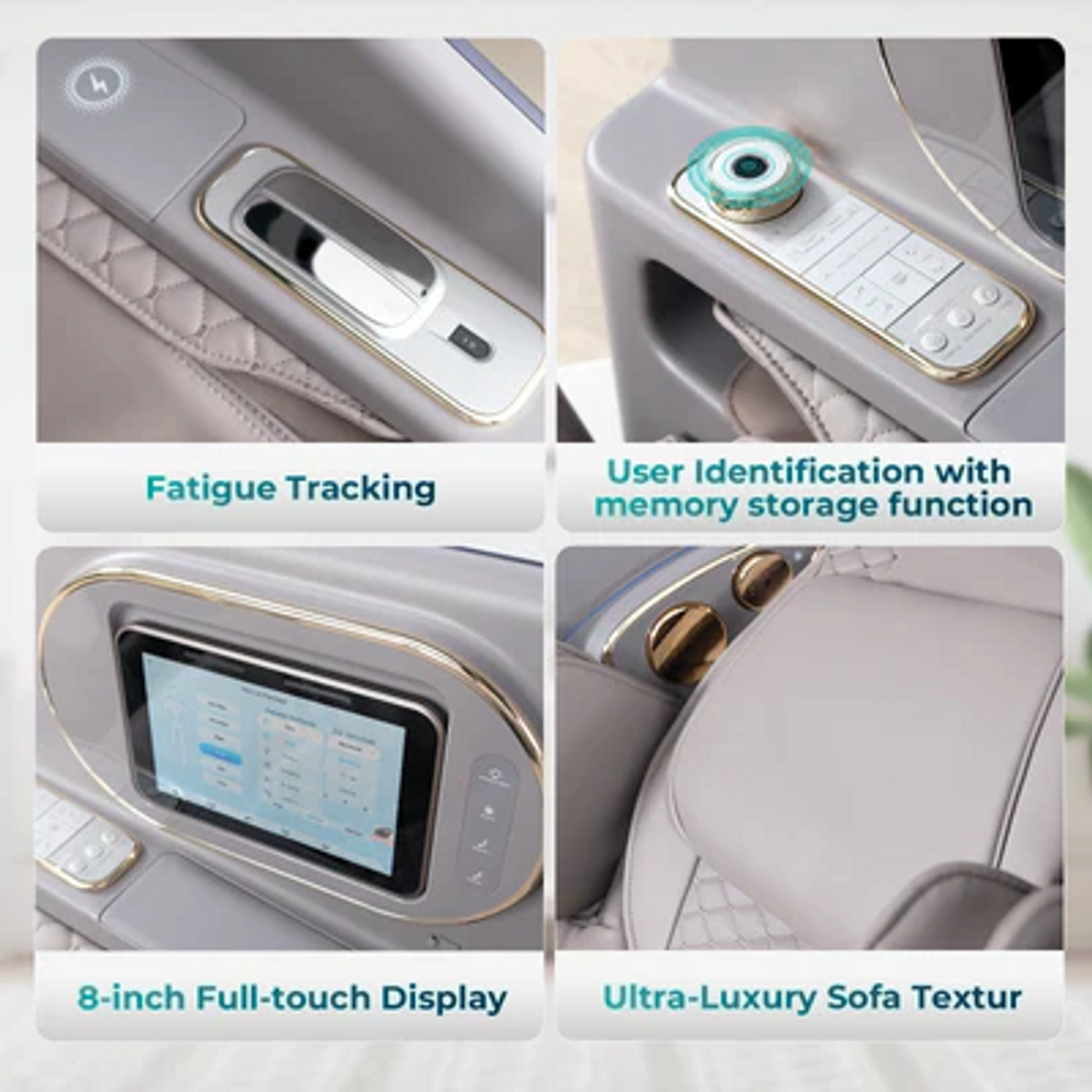 Vier Bilder zeigen Massagesessel-Funktionen: Ermüdungsverfolgung, Benutzer-ID, Full-Display und Sofatextur.