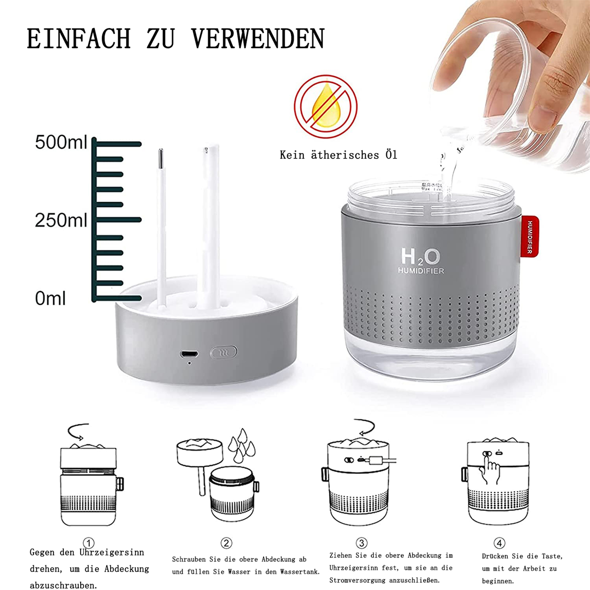 Luftbefeuchter mit grauem Gehäuse, klarem Deckel und Wasser, das hineingegossen wird. Anweisungen zeigen Montageschritte.