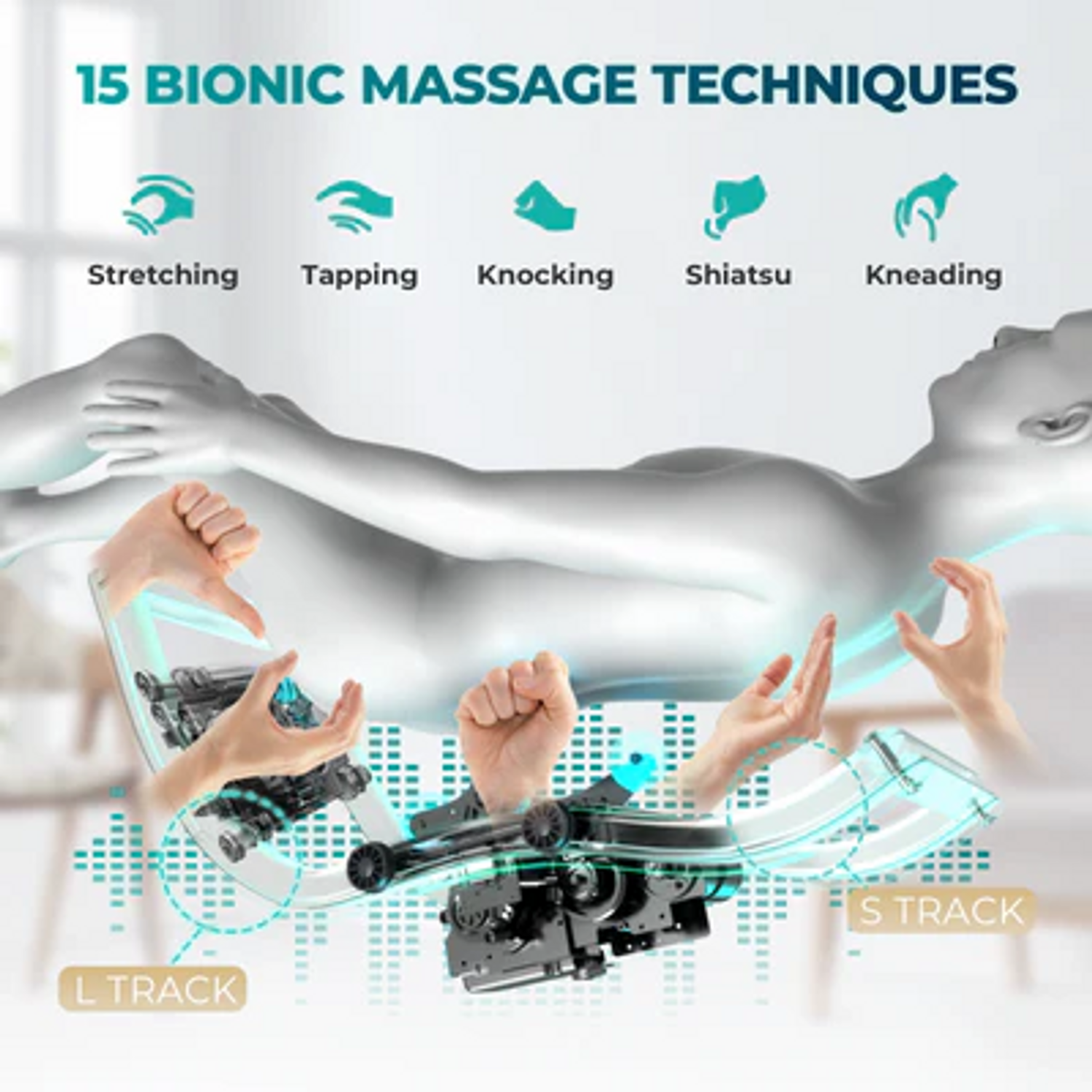 Eine Illustration, die Massagetechniken zeigt. Eine Person liegt, während Roboterhände schweben.