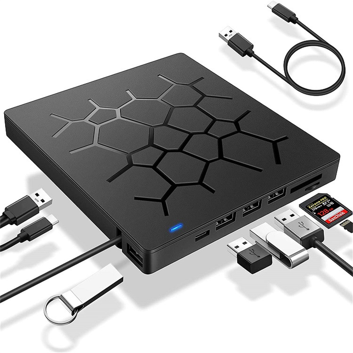 Schwarzer USB-Hub mit verschiedenen USB-Anschlüssen und angeschlossenen Geräten.