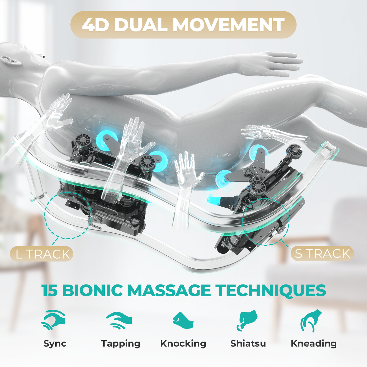 Ein Diagramm zeigt eine Person, die von einer Maschine mit blauen Lichtern massiert wird. Text zeigt 4D-Doppelbewegung und 15 Massagetechniken.