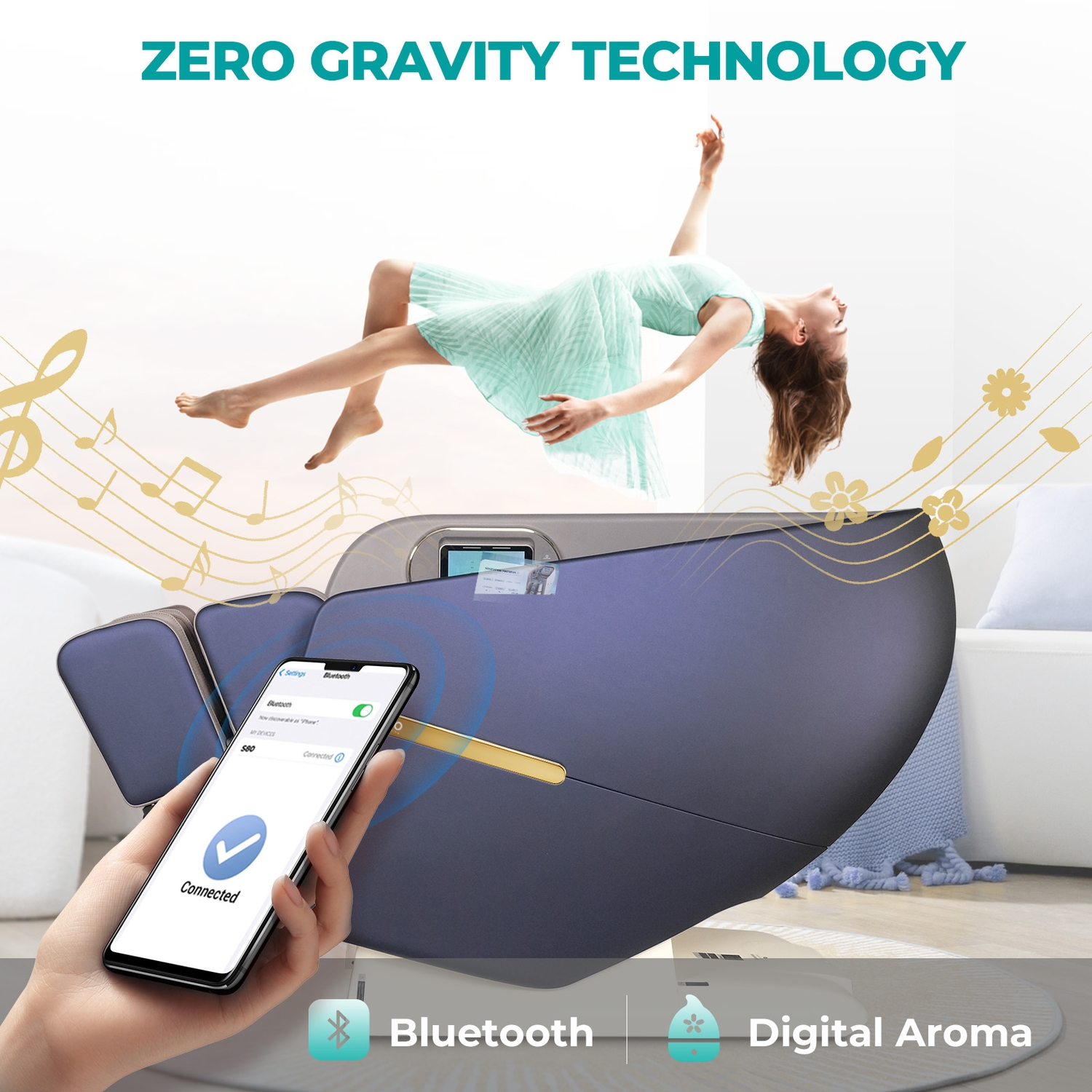 Frau schwebt über Massagestuhl, Telefon zeigt Bluetooth-Verbindung. Text: Zero Gravity Technology.