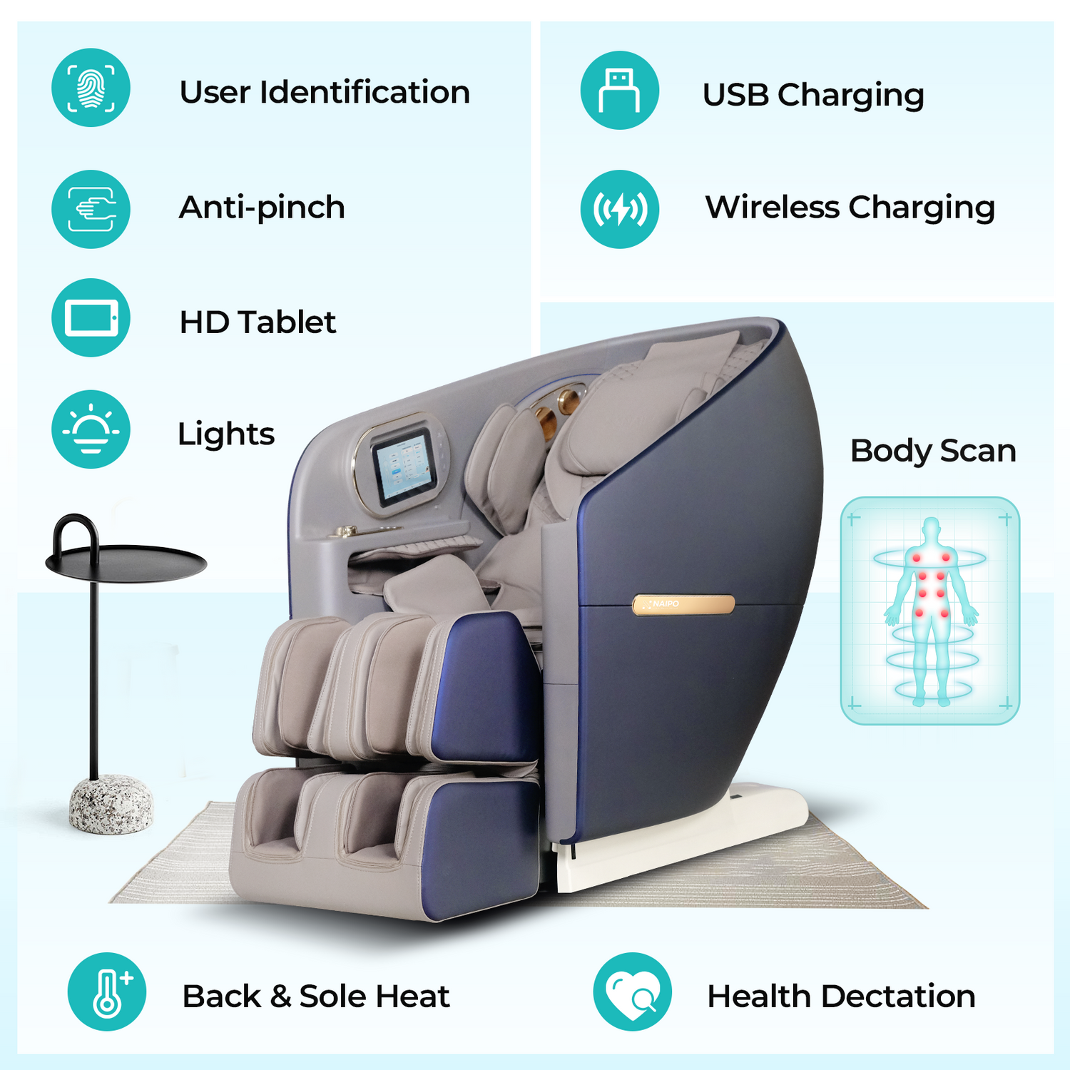 Ein moderner Massagesessel mit Funktionen: Benutzer-ID, Einklemmschutz, HD-Tablet, Lichter und Rücken- & Fußwärme.