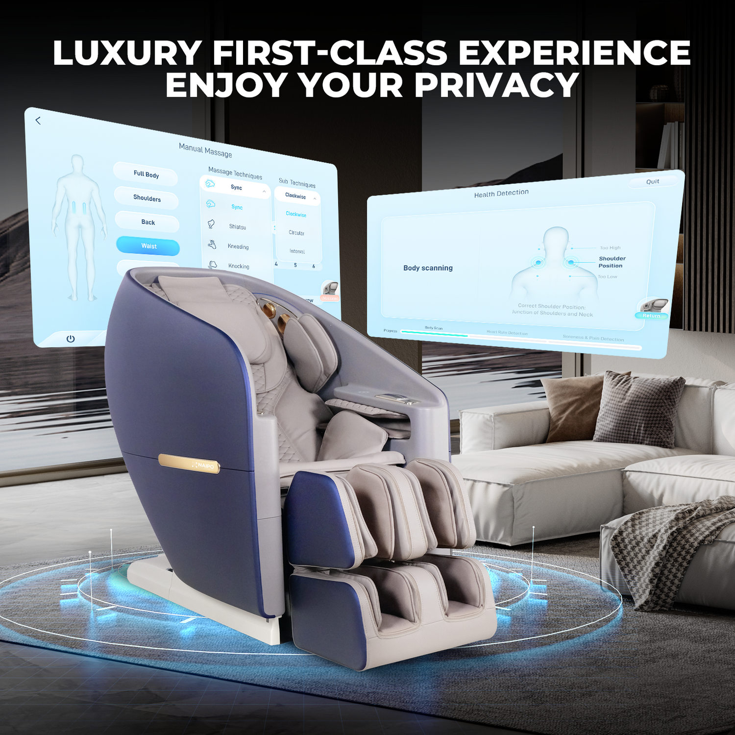 Luxus-Massagesessel mit Bildschirmen in einem modernen Wohnzimmer.