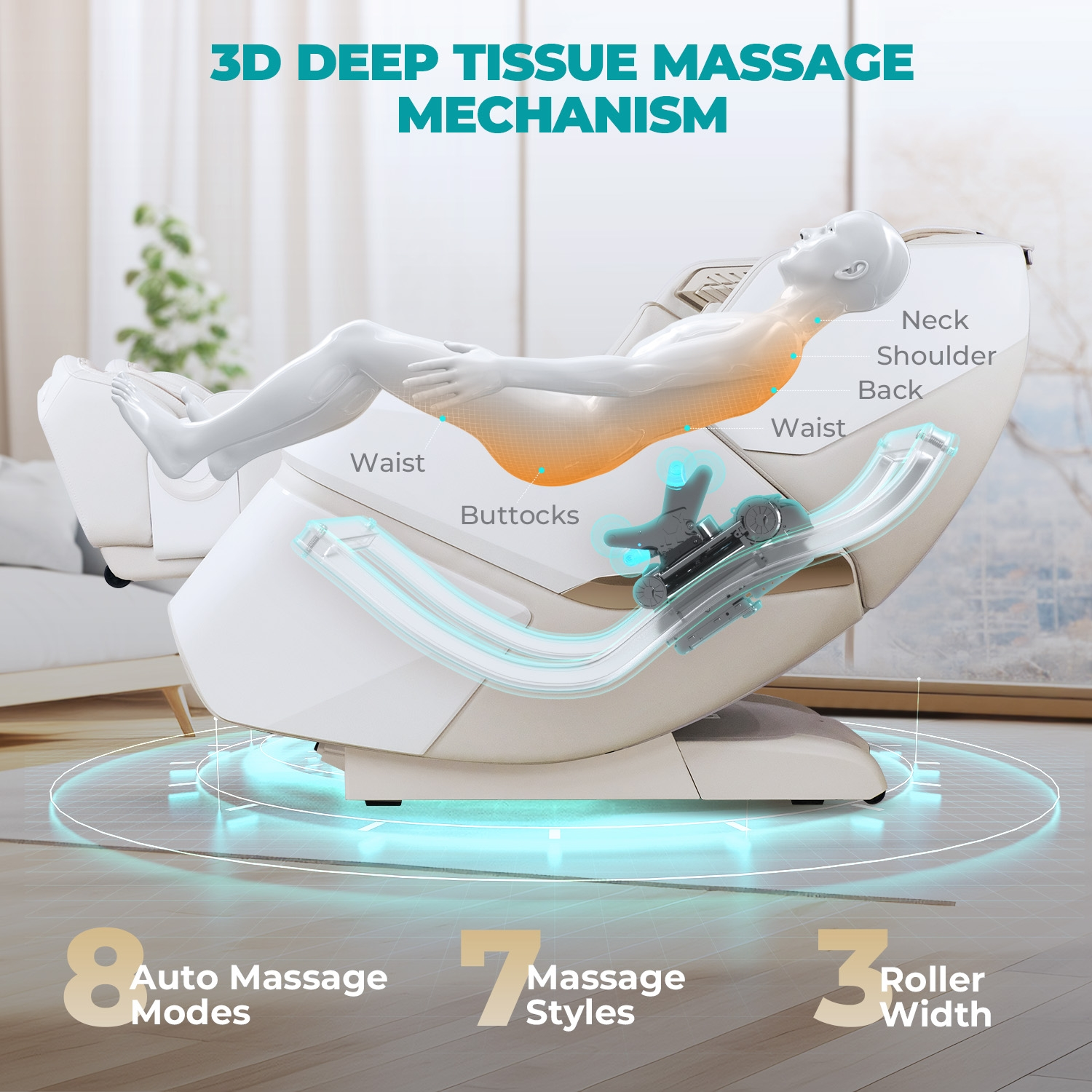 Diagramm, das einen Massagestuhl mit einer Person zeigt. Weißer Hintergrund.