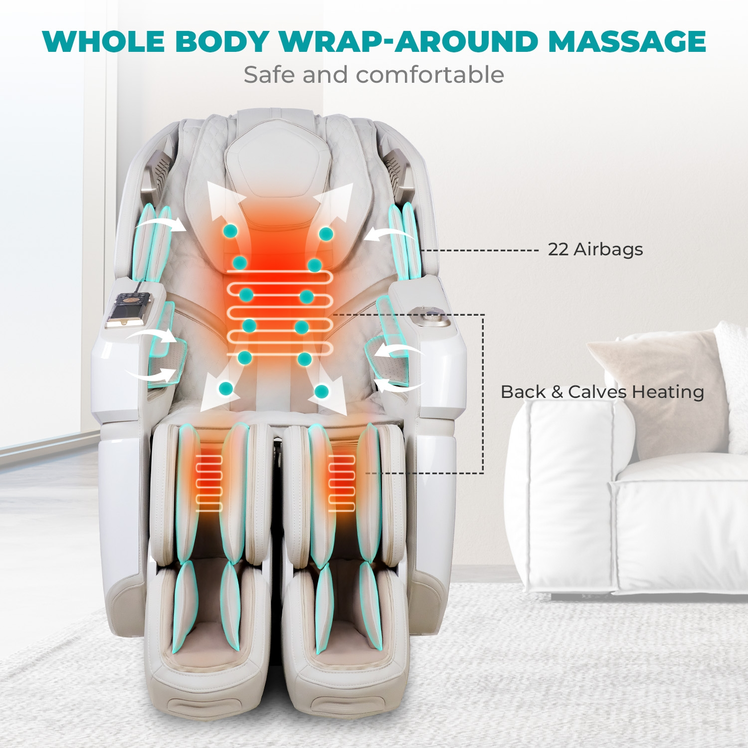 Massagesessel mit Diagramm, das Airbags und Heizung zeigt. Weiße und beige Farben.