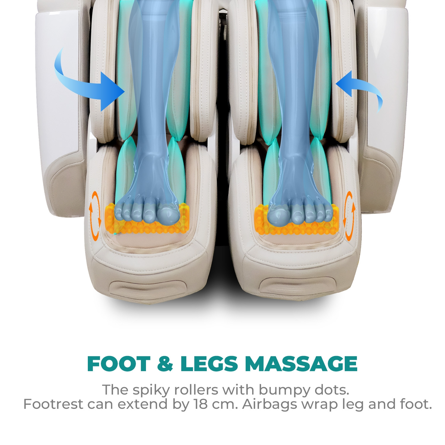 Massagesessel mit blauen Fußumrissen. Orangefarbene Rollen und Bewegungspfeile.
