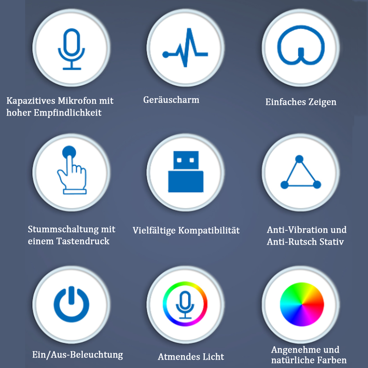 Ein Diagramm mit Symbolen, die Mikrofon, Herzschlag, Wellen, Berührung, USB, Dreieck, Strom, Licht darstellen.