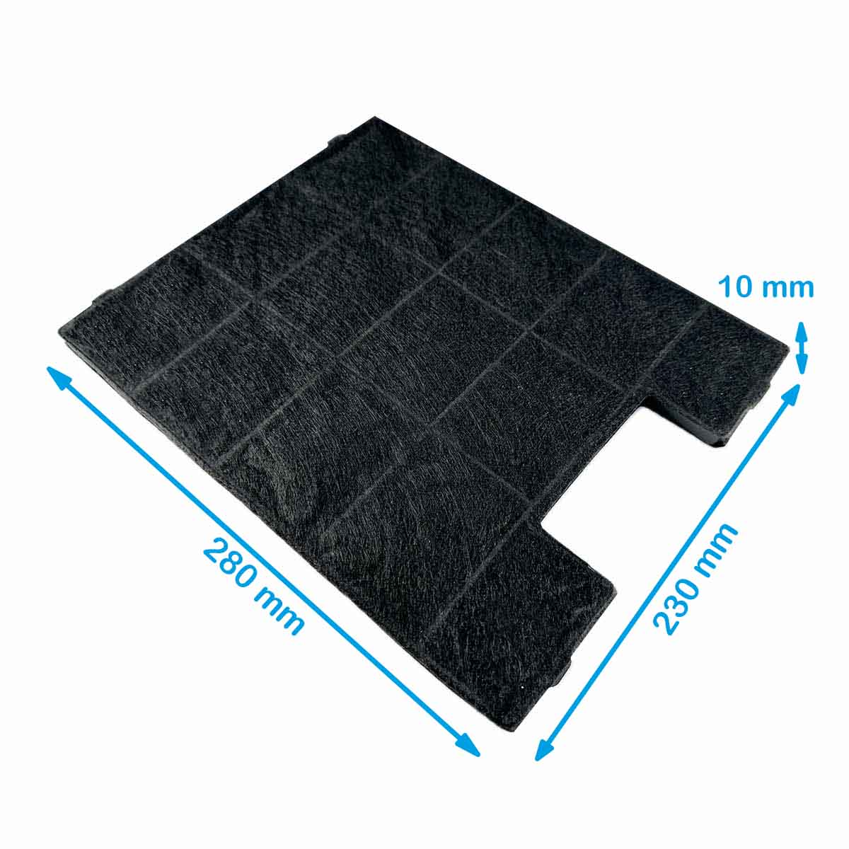 Schwarzer Luftfilter mit den Maßen: 280 mm x 230 mm x 10 mm. Er hat eine quadratische Form.