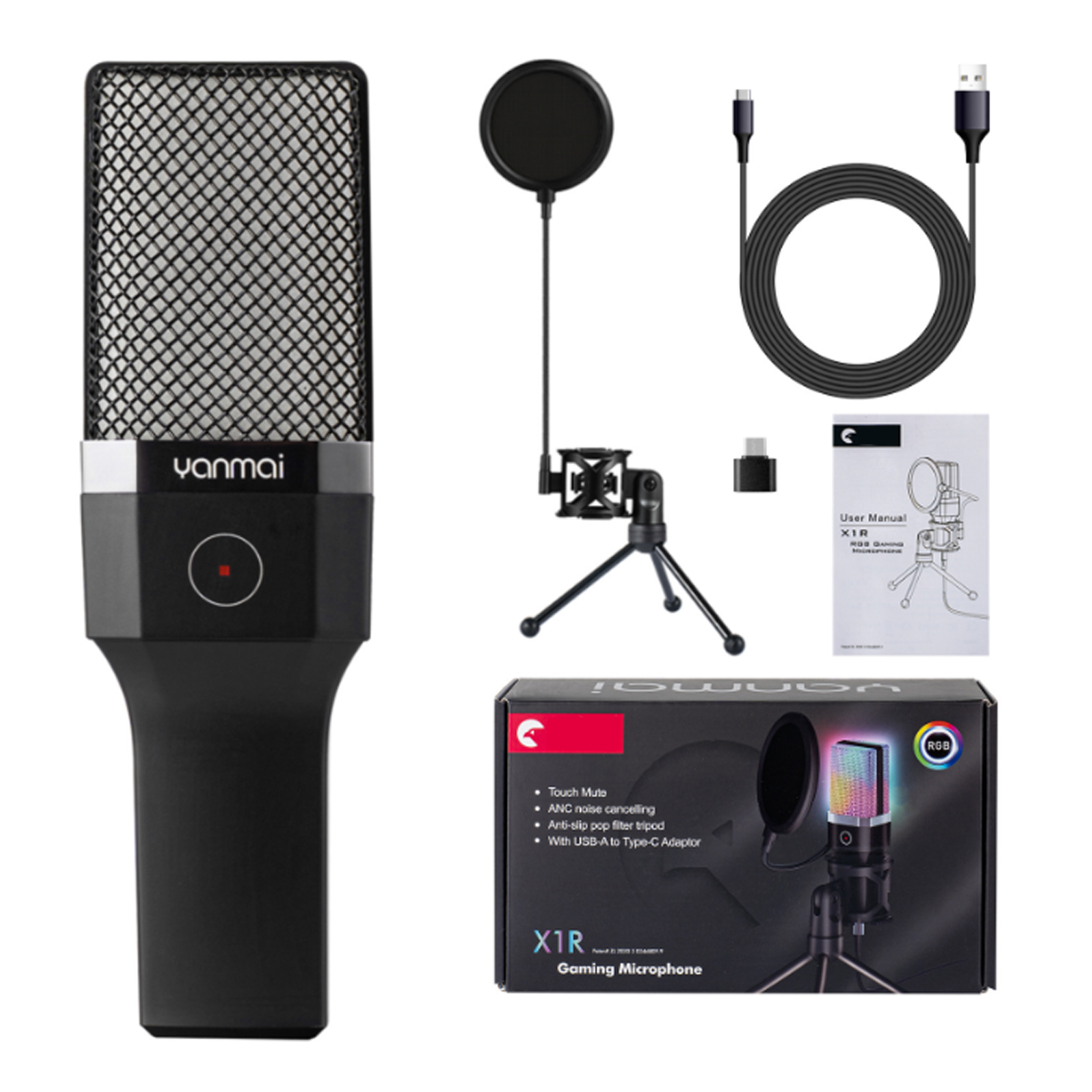 Ein Gaming-Mikrofon mit Pop-Filter, Ständer und Box. Es ist schwarz mit rotem Licht.