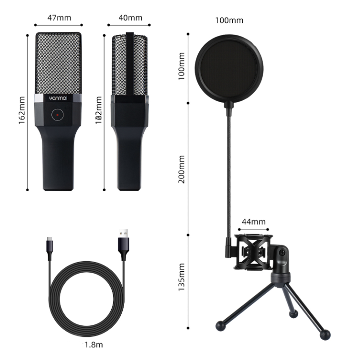 Mikrofon und Zubehör. Zeigt Abmessungen und ein USB-Kabel. Inklusive Pop-Filter und Ständer.