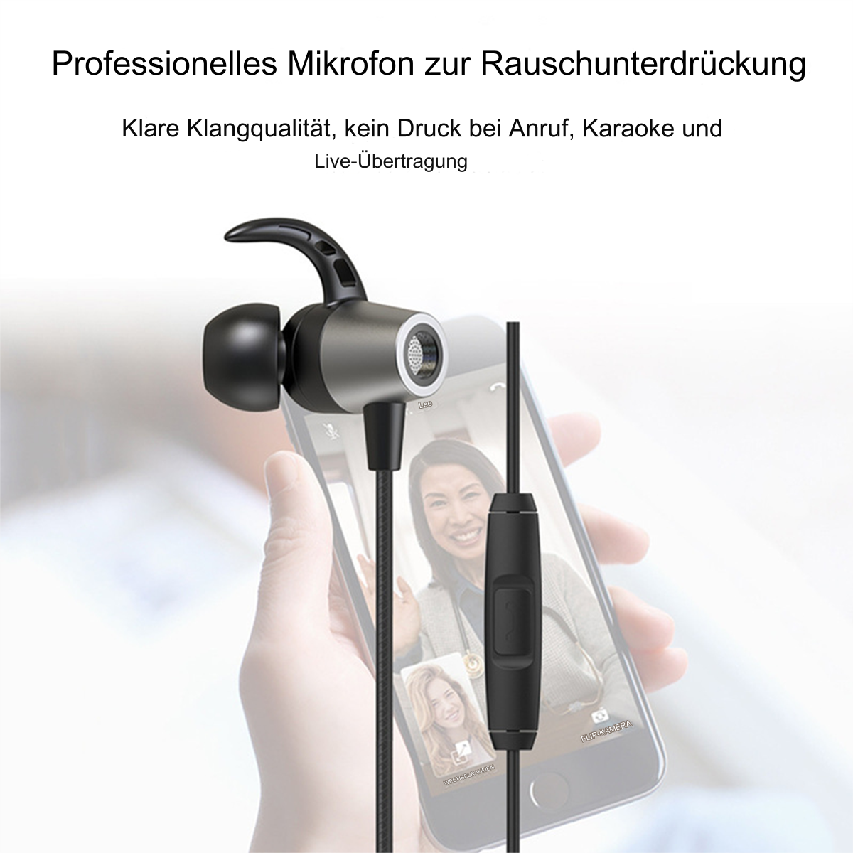 Ein silbernes und schwarzes Mikrofon, das mit einem Smartphone verwendet wird, mit Text-Overlay.
