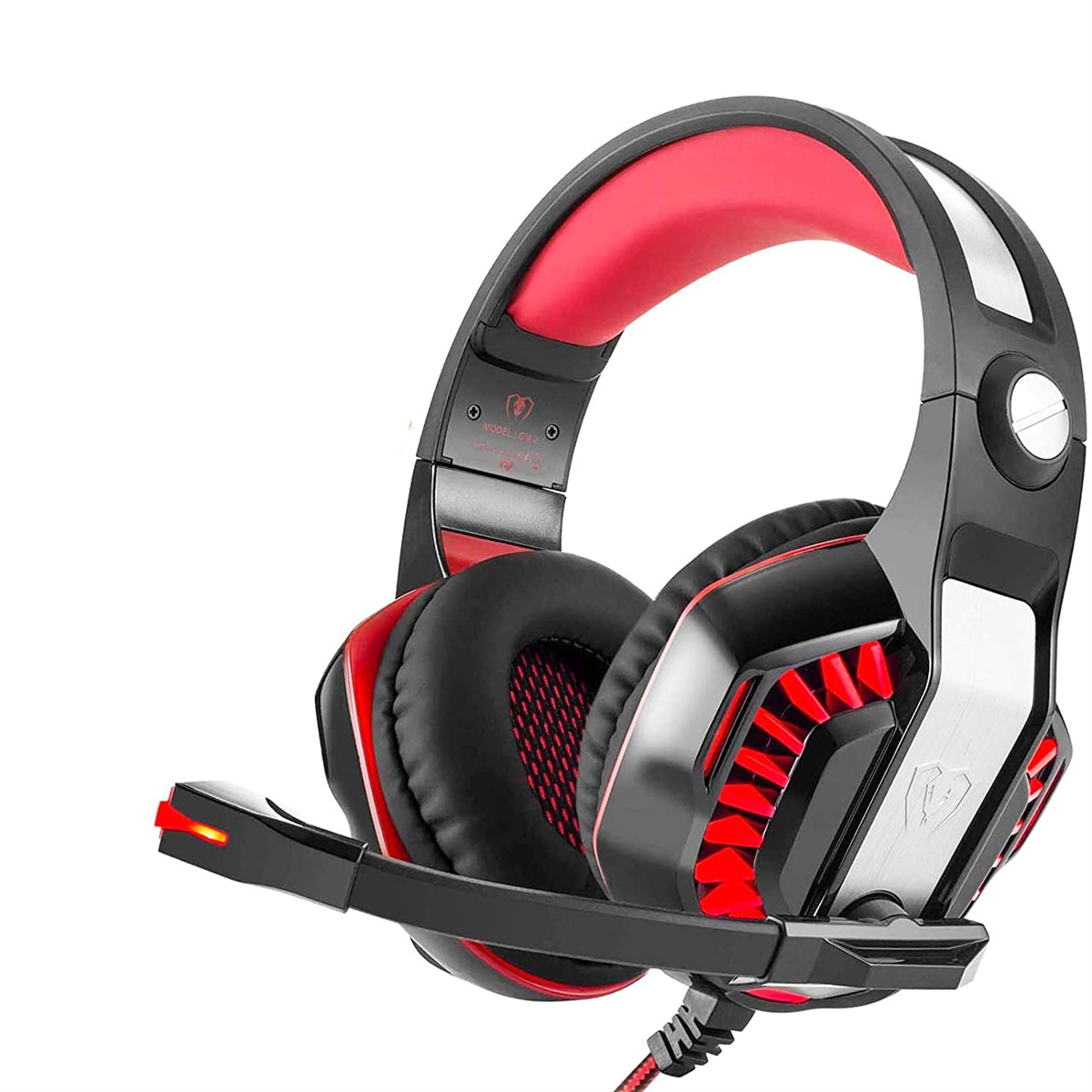 Schwarzes und rotes Gaming-Headset mit Ohrmuscheln, Mikrofon und Anschlusskabel.