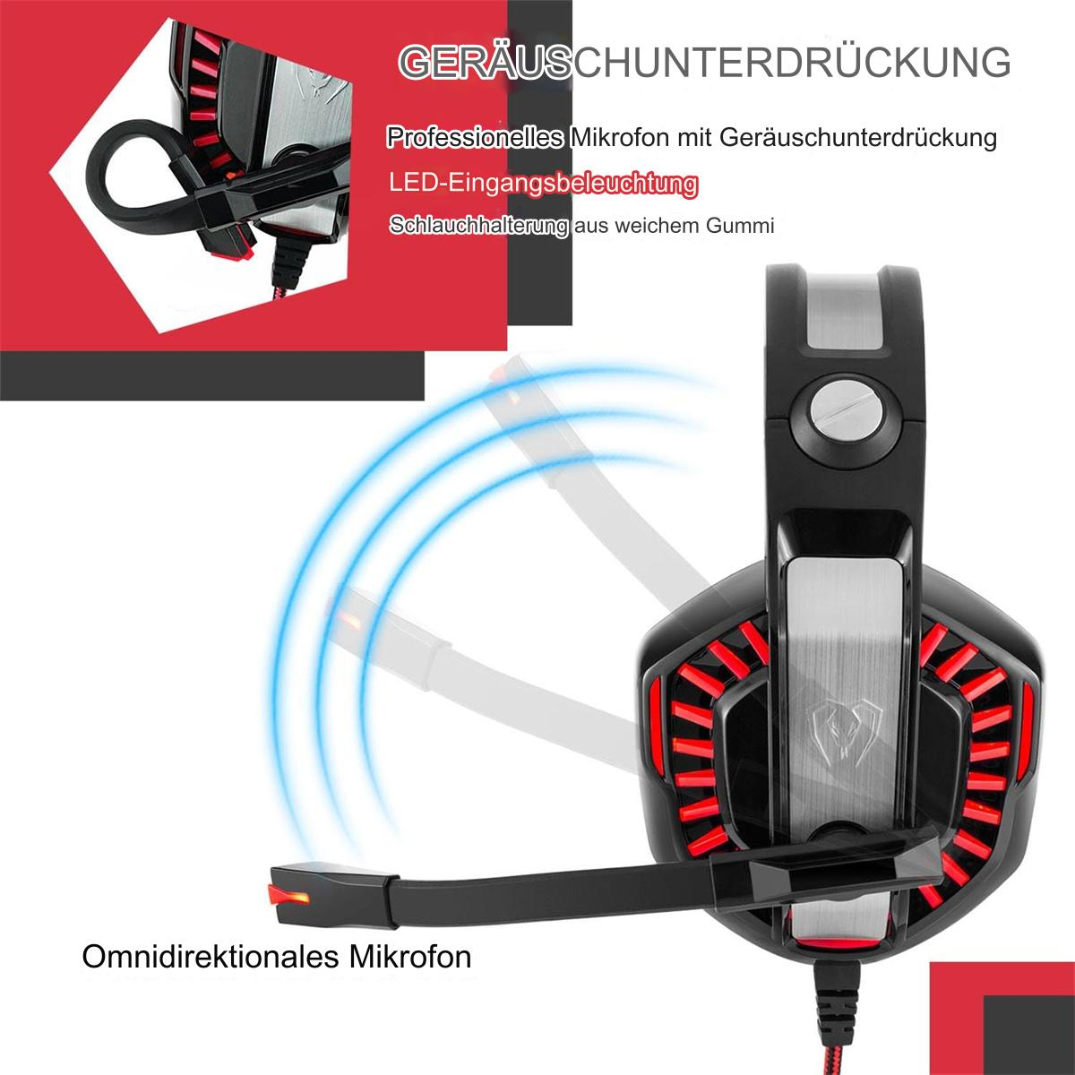 Gaming-Headset mit Mikrofon, roten Akzenten und Geräuschunterdrückung.
