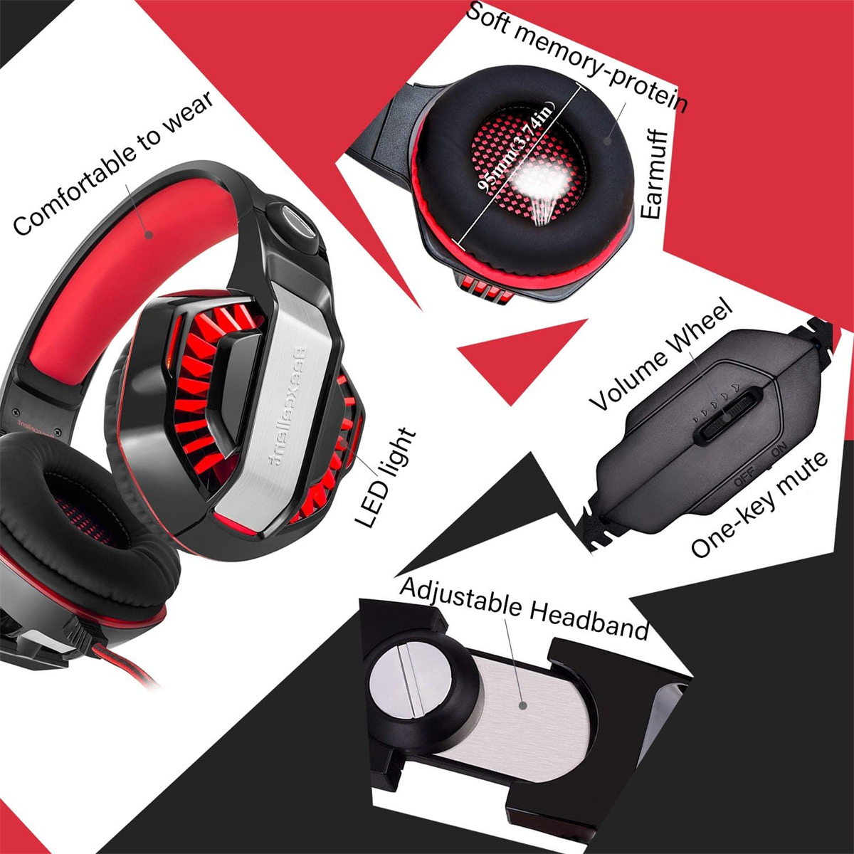 Schwarzes und rotes Gaming-Headset mit Funktionen: Ohrmuscheln, Lautstärkerad und verstellbar.