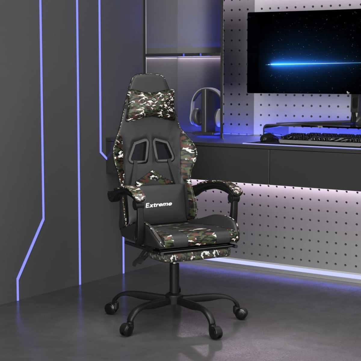 Gaming-Stuhl, schwarz-Tarnmuster-Design, mit Monitor im Hintergrund.