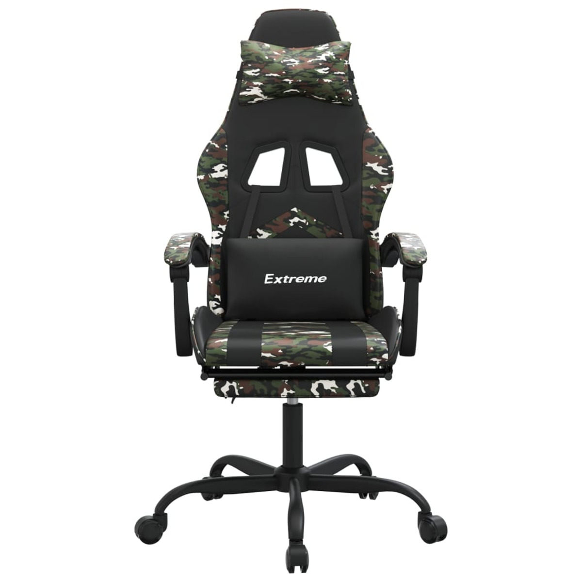Ein Gaming-Stuhl mit Tarnmuster. Er ist schwarz und grün mit Kopfstütze und Armlehnen.