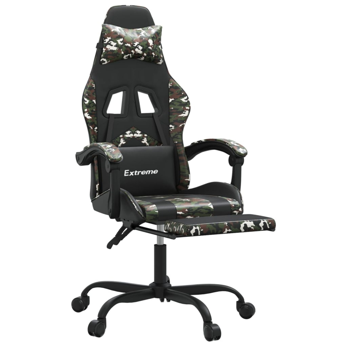 Gaming-Stuhl mit Camouflage-Muster, Kopfstütze und Fußstütze.