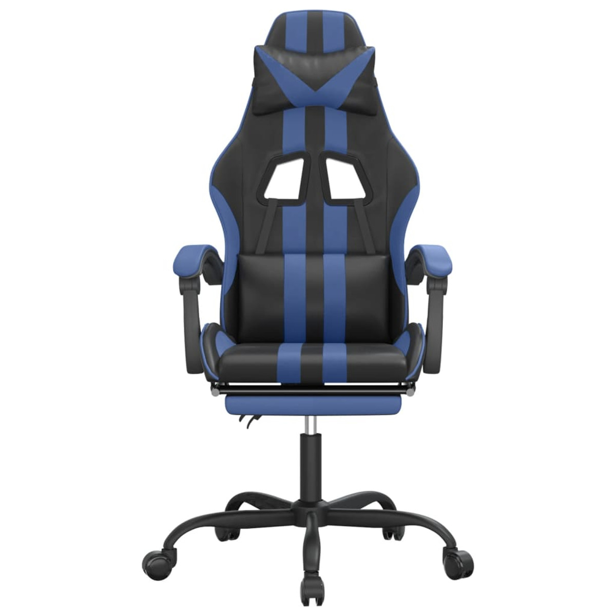 Schwarzer und blauer Gaming-Stuhl mit Rädern.