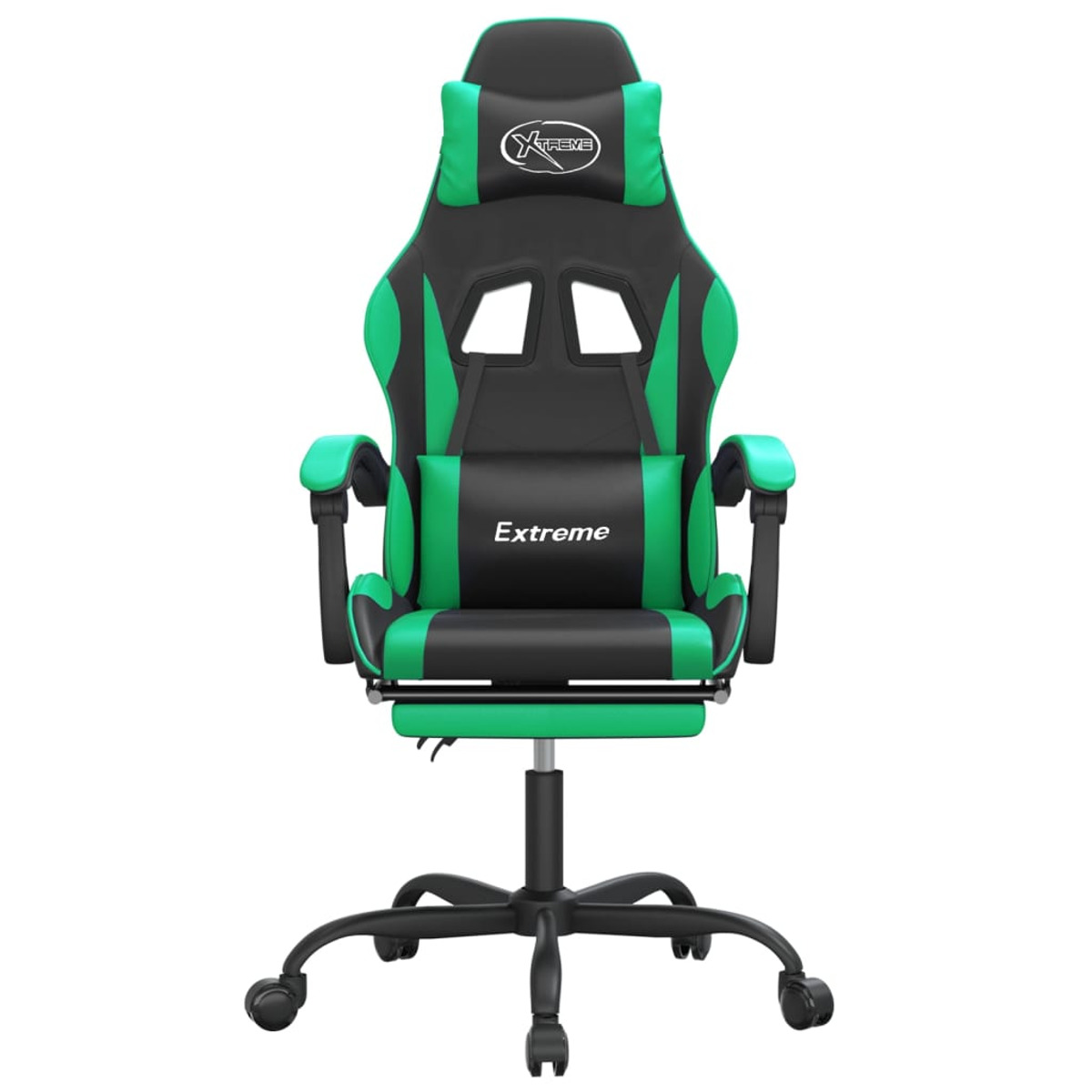 Gaming-Stuhl. Schwarz und grün, mit Kopfstütze und Lendenwirbelstütze, auf schwarzer Basis.