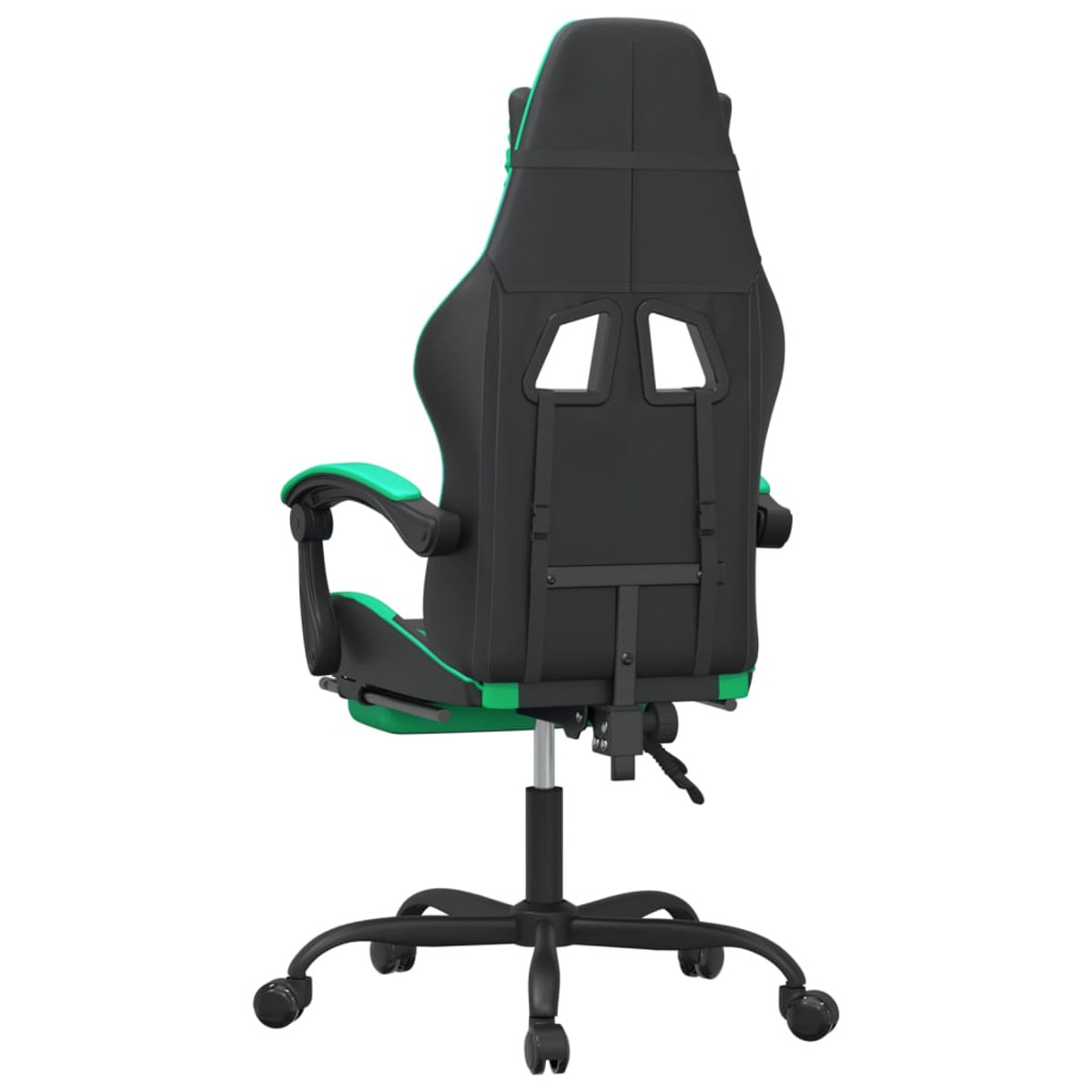 Gaming-Stuhlrücken. Schwarz mit grünen Akzenten. Rollfuß. Sichtbare Anpassungen.