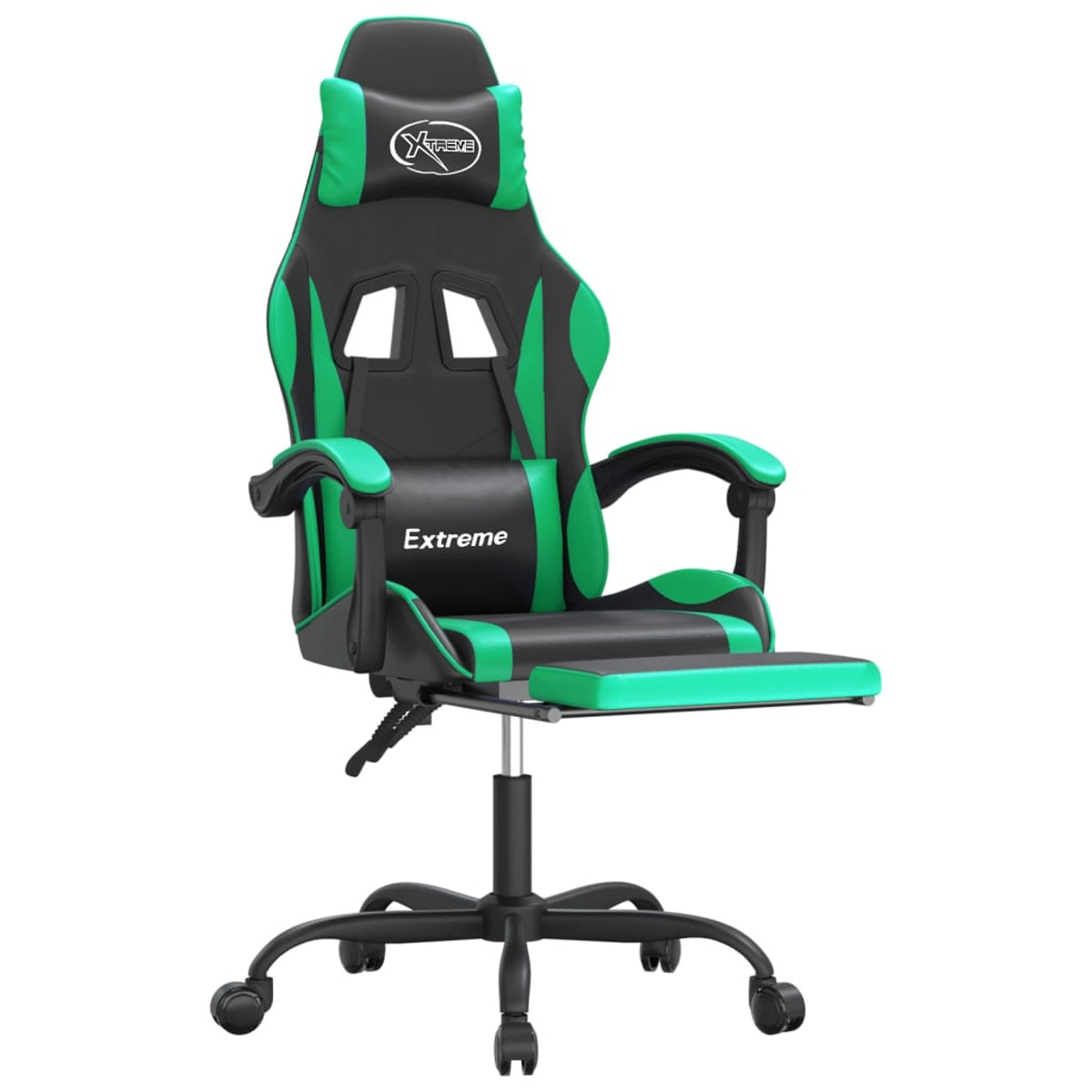Gaming-Stuhl mit schwarzen und grünen Akzenten, Fußstütze und ergonomischem Design.