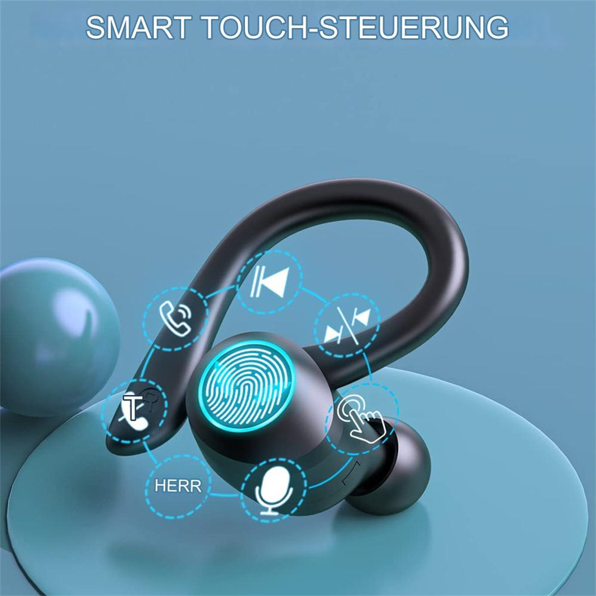 Schwarzer Ohrhörer mit Touch-Steuerung und Fingerabdrucksensor. Blauer Hintergrund mit Symbolen.