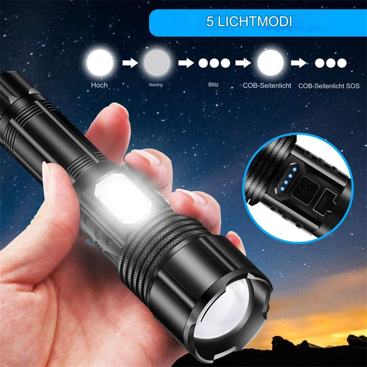 Eine schwarze Taschenlampe mit hellem Strahl und mehreren Leuchtmodi-Symbolen.