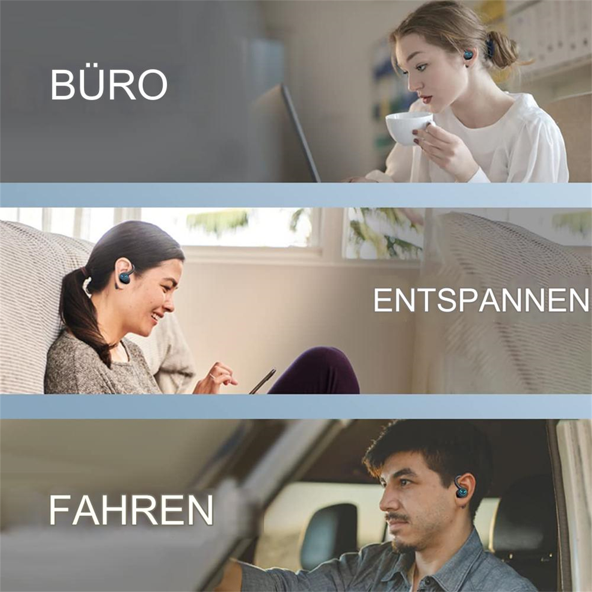 Drei Szenen von Personen, die Ohrhörer verwenden: im Büro, beim Entspannen und beim Autofahren. Texte beschriften.