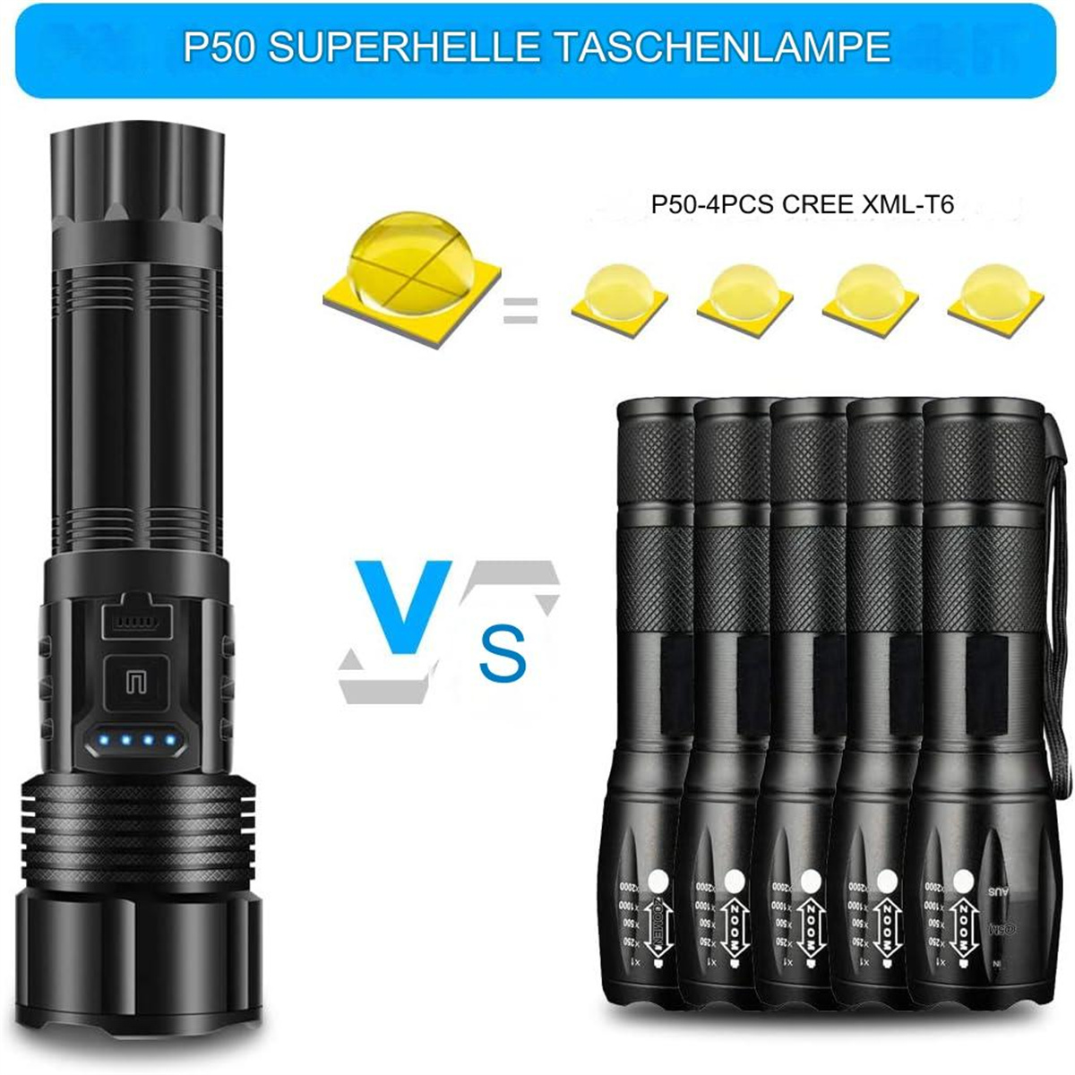 Schwarze Taschenlampe und fünf Taschenlampen mit gelben Strahlen auf weißem Grund.