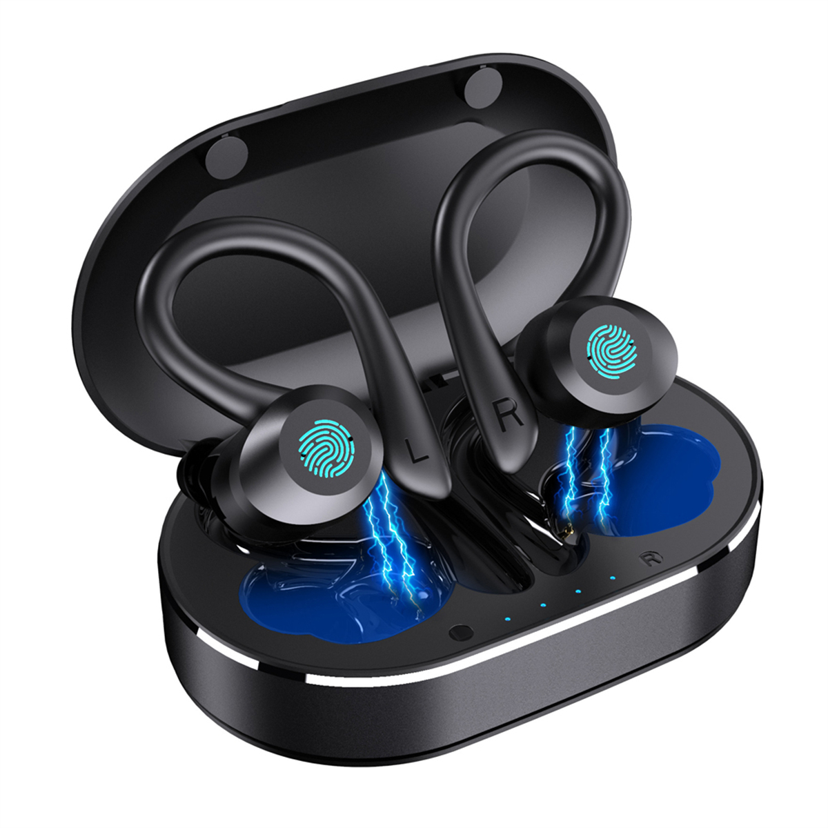 Schwarze Ohrhörer mit blauen Akzenten in einem schwarzen Ladecase. Blitzdesign auf den Ohrhörern.