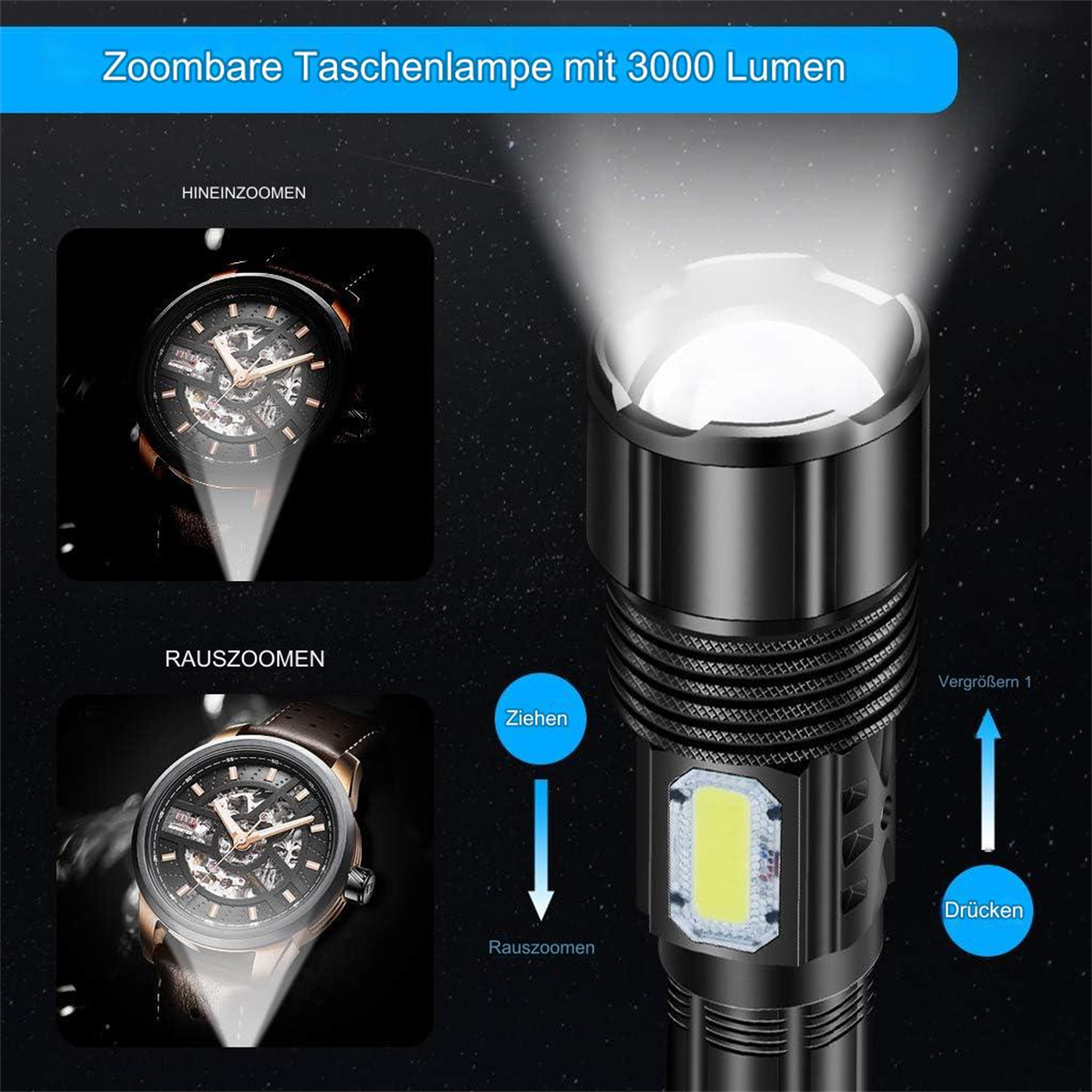 Schwarze Taschenlampe mit Uhr links und Zoom-/Unzoom-Anweisungen.