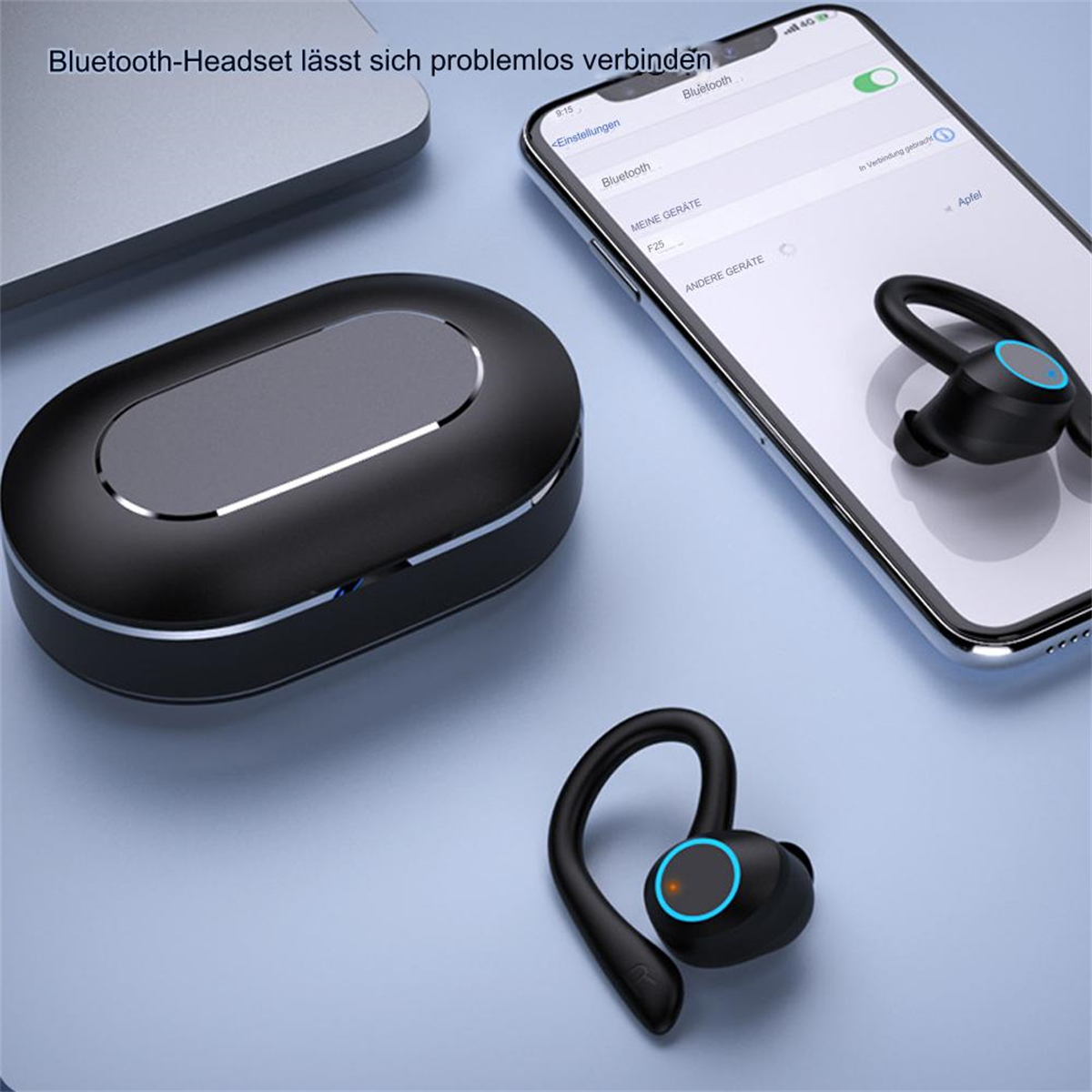 Schwarze kabellose Ohrhörer und ein Ladecase neben einem Smartphone mit Bluetooth-Einstellungsbildschirm.
