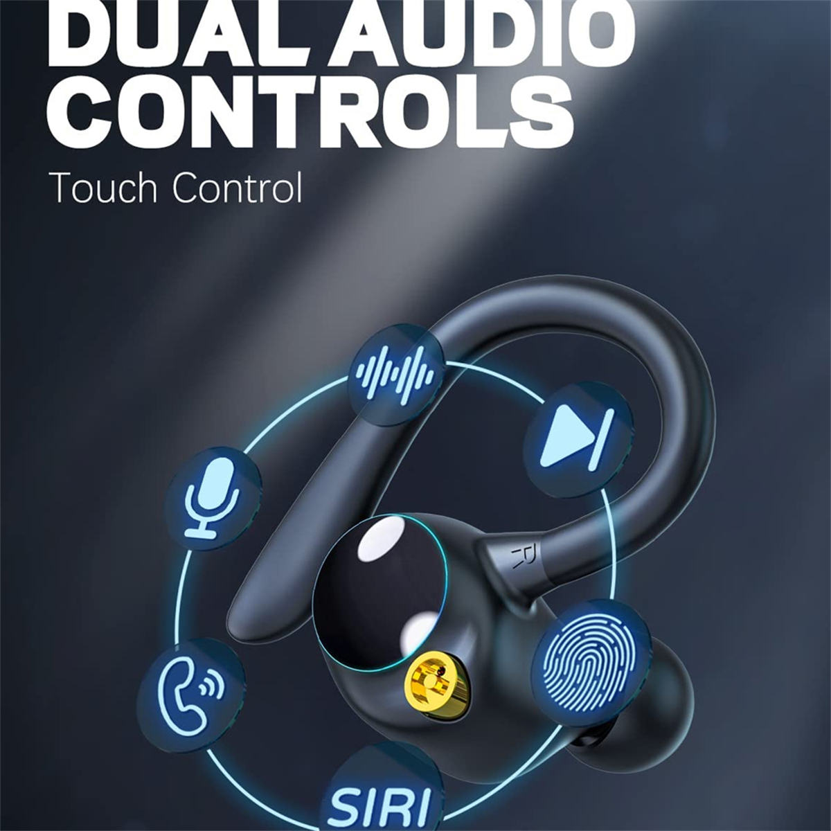 Ohrhörer mit Touch-Control-Funktionen und Symbolen, mit dunklem Farbverlauf im Hintergrund.