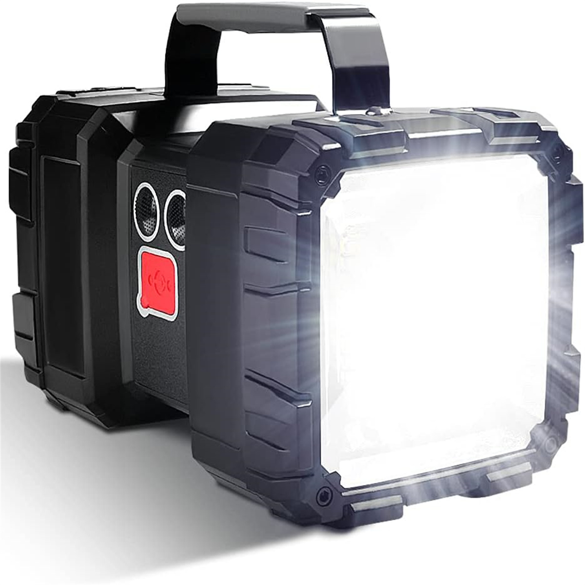 Eine schwarze Taschenlampe mit hellem Licht.