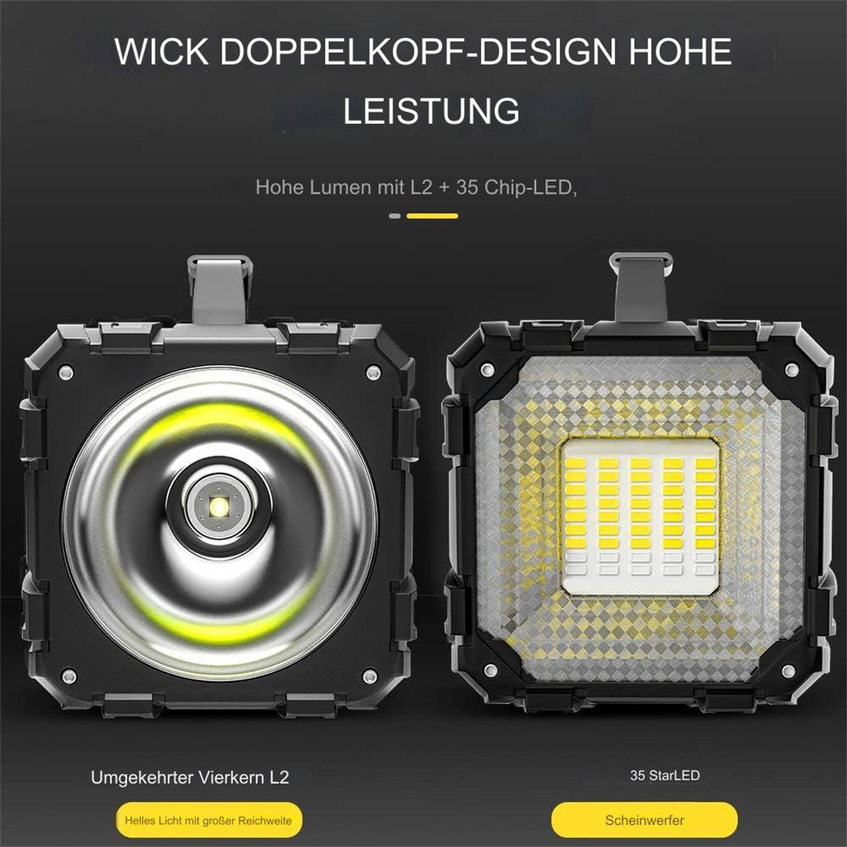 Zwei quadratische LED-Leuchten, eine offen mit Innenkomponenten, Text auf Deutsch.